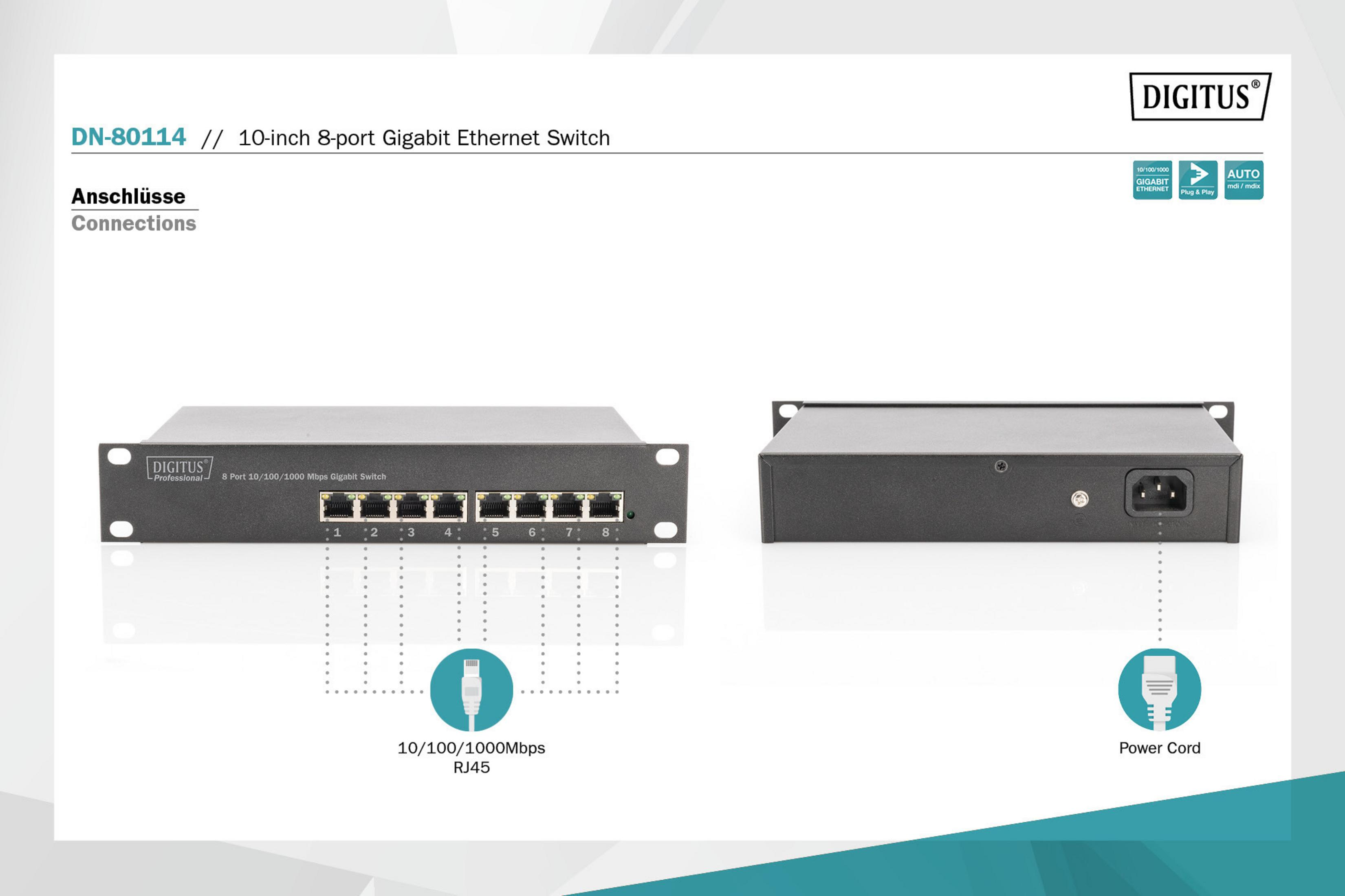 DIGITUS DN-80114 8PORT SWITCH, GIGABIT Switch 10ZOLL Ethernet