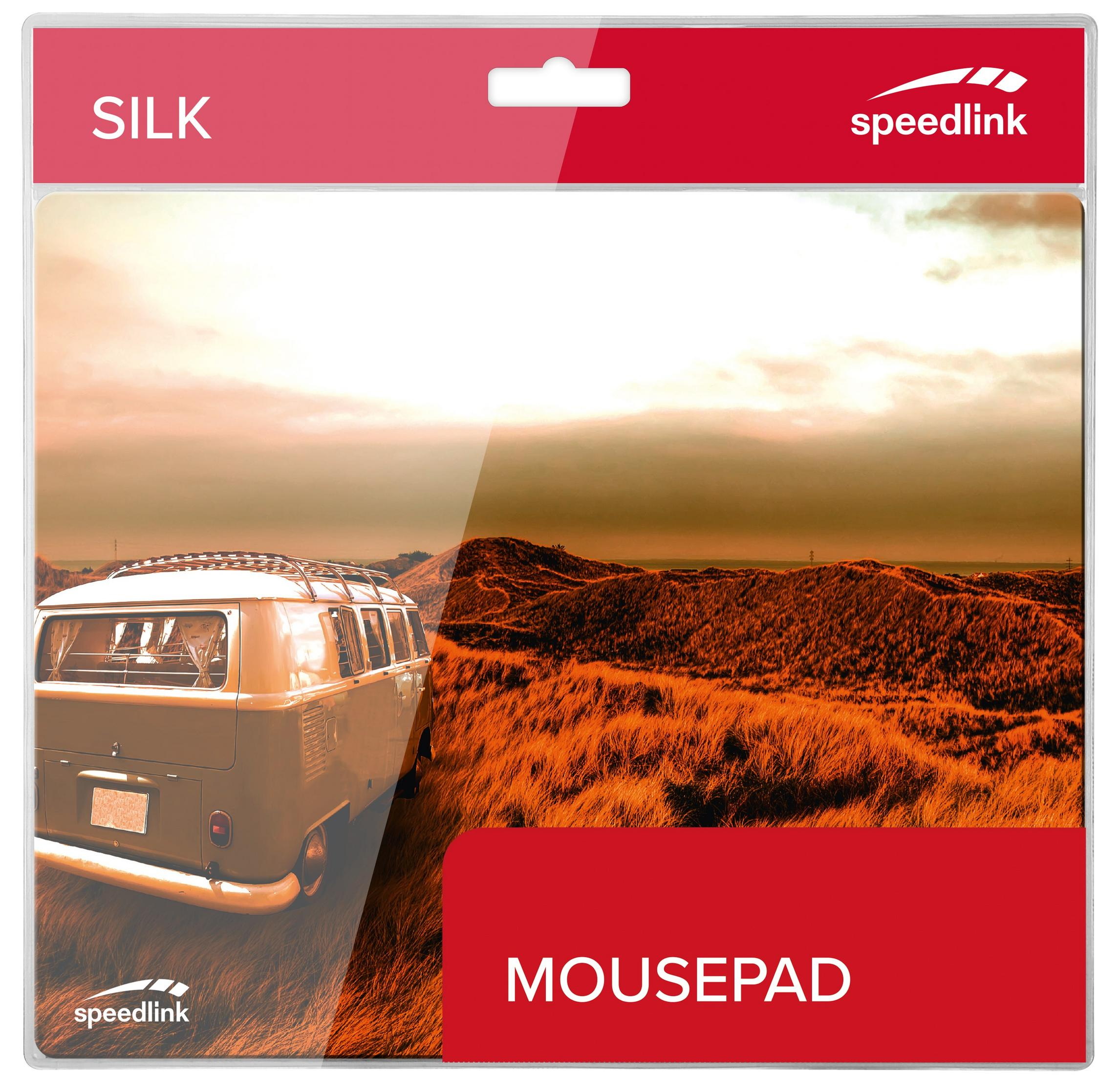 Mauspad mit Roadtrip-Motiv. Ein Van fährt durch eine grasbewachsene Landschaft.