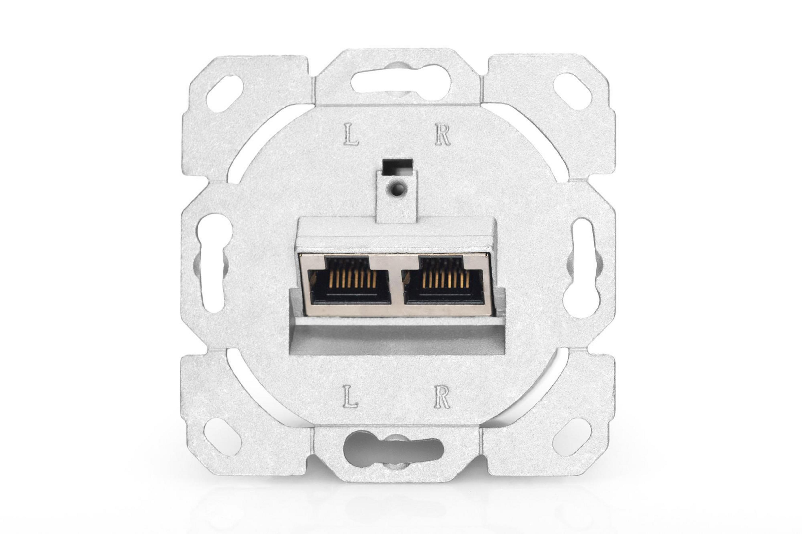 Quadratische weiße RJ45-Buchse. Buchstaben L und R sind sichtbar. Zwei RJ45-Anschlüsse befinden sich in der Mitte.