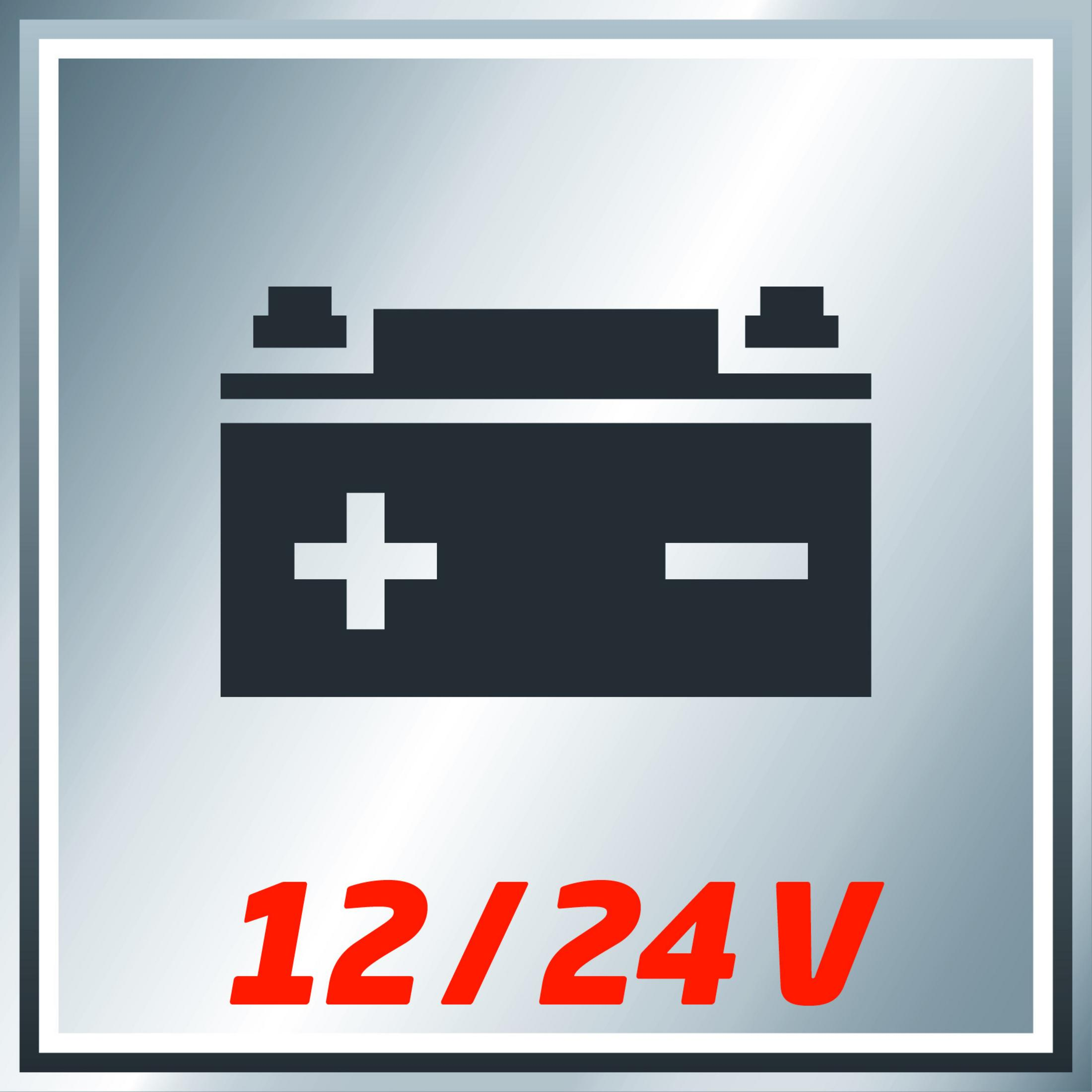 Batteriesymbol mit Plus- und Minuszeichen. Text: 12/24V. Vor metallischem Hintergrund.