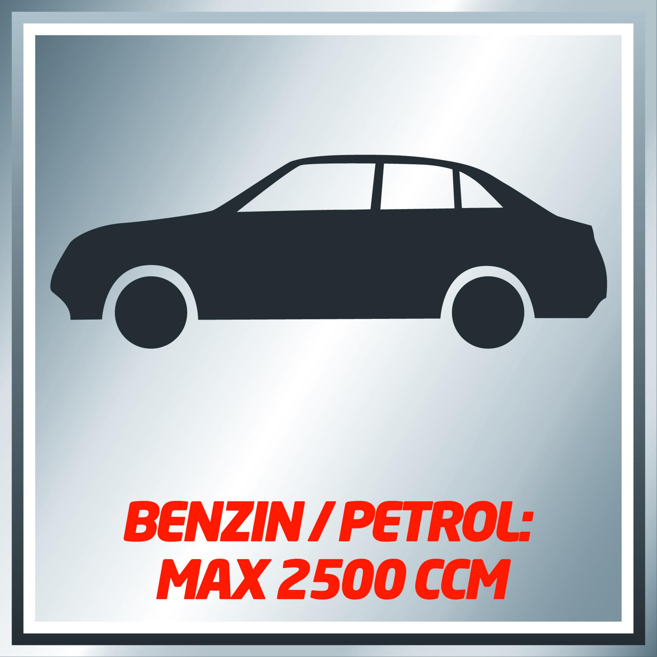 Schwarze Autosilhouette. Text: Benzin Max 2500 ccm auf Gradientenhintergrund.