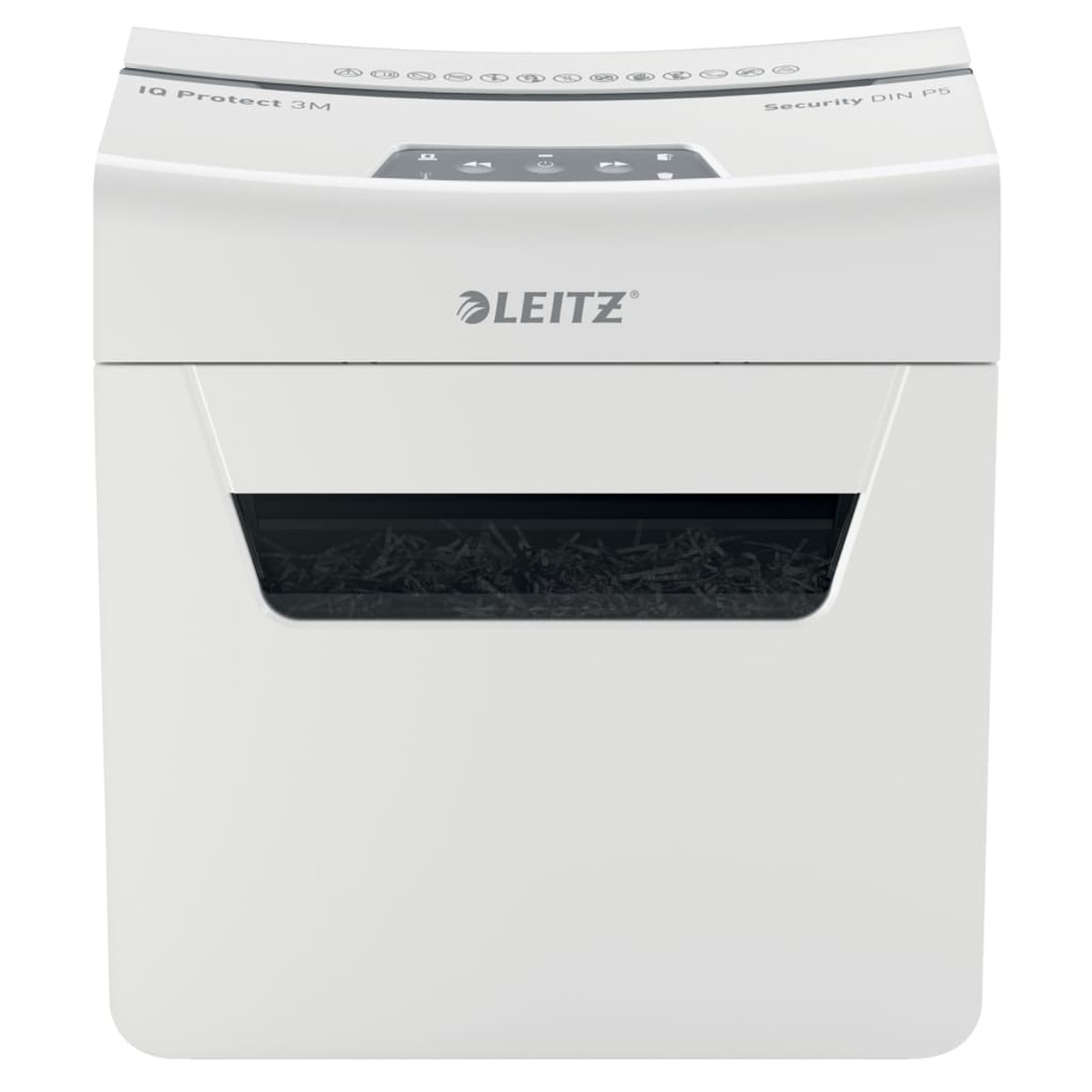 Biała niszczarka do papieru z czarnym otworem na pocięty papier i przyciskami sterowania.