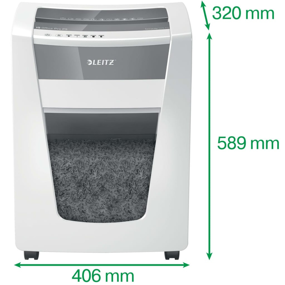 Biała niszczarka Leitz z wymiarami: 406 mm szerokości, 589 mm wysokości i 320 mm głębokości.
