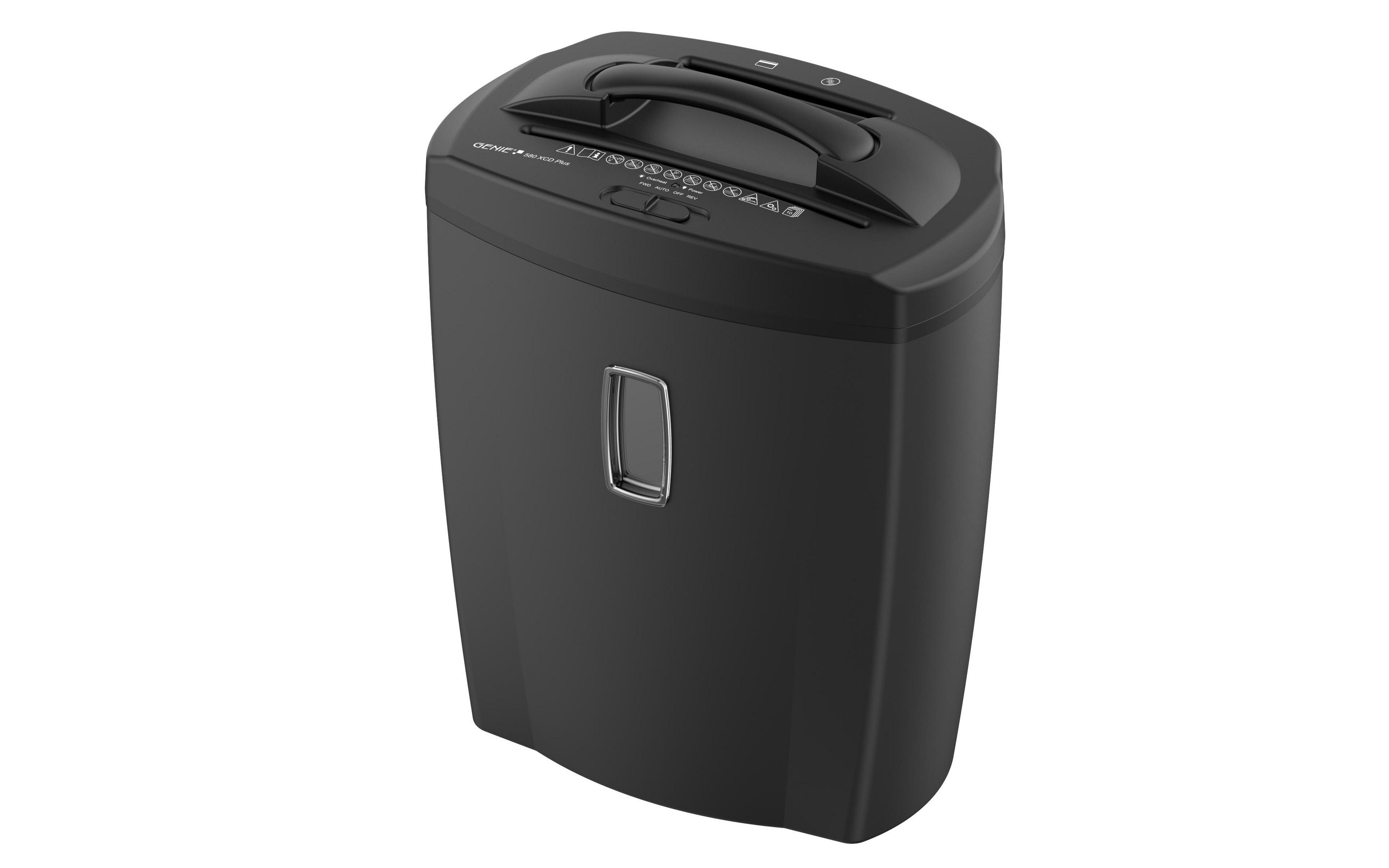 Schwarzer Aktenvernichter mit Griff oben, von vorne betrachtet.