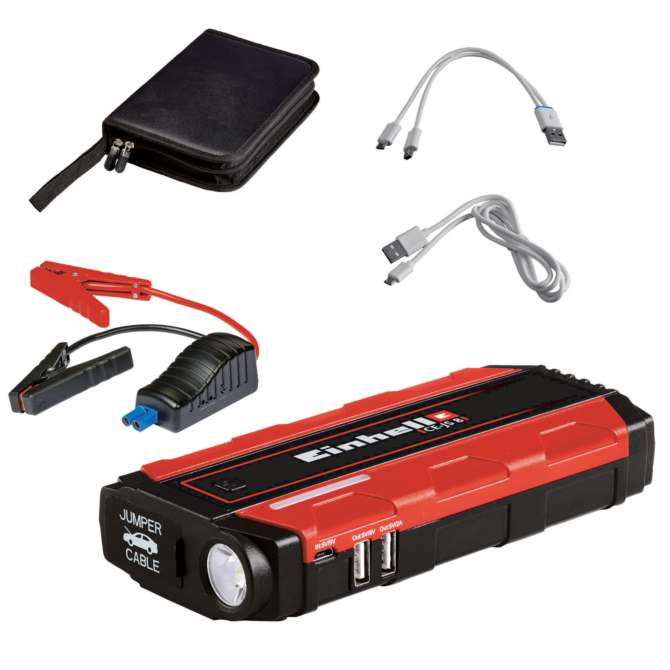 Kit de arranque rojo y negro con varios cables y accesorios. Fondo blanco. Bien organizado.