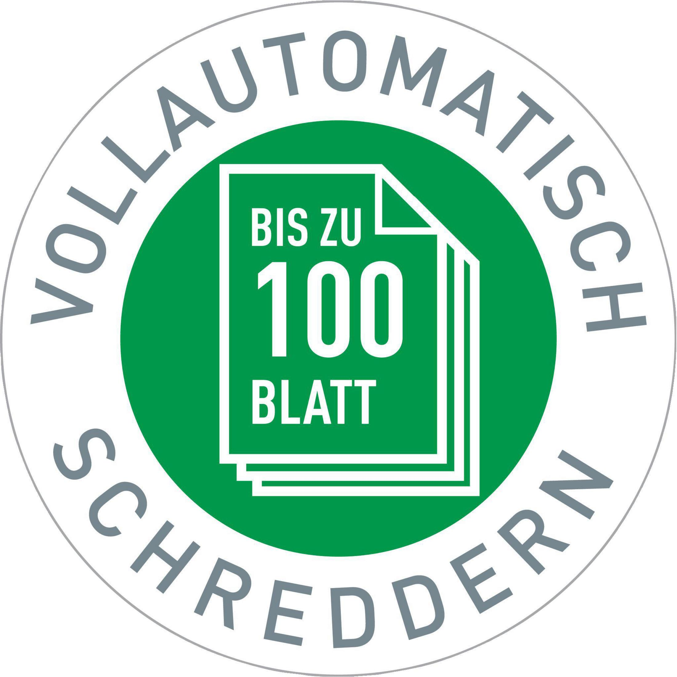 Zielona i biała etykieta z tekstem: "VOLLAUTOMATISCH SCHREDDERN" i "BIS ZU 100 BLATT".