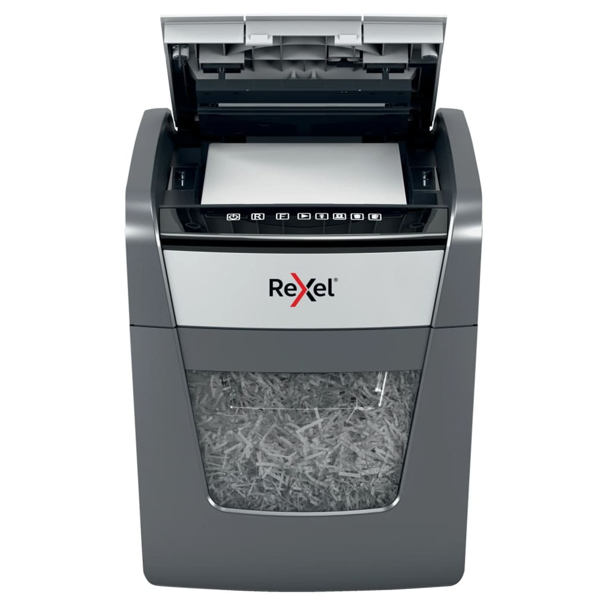 Szara niszczarka do papieru z otwartą górą. Pocięty papier jest widoczny w pojemniku. Marka to Rexel.