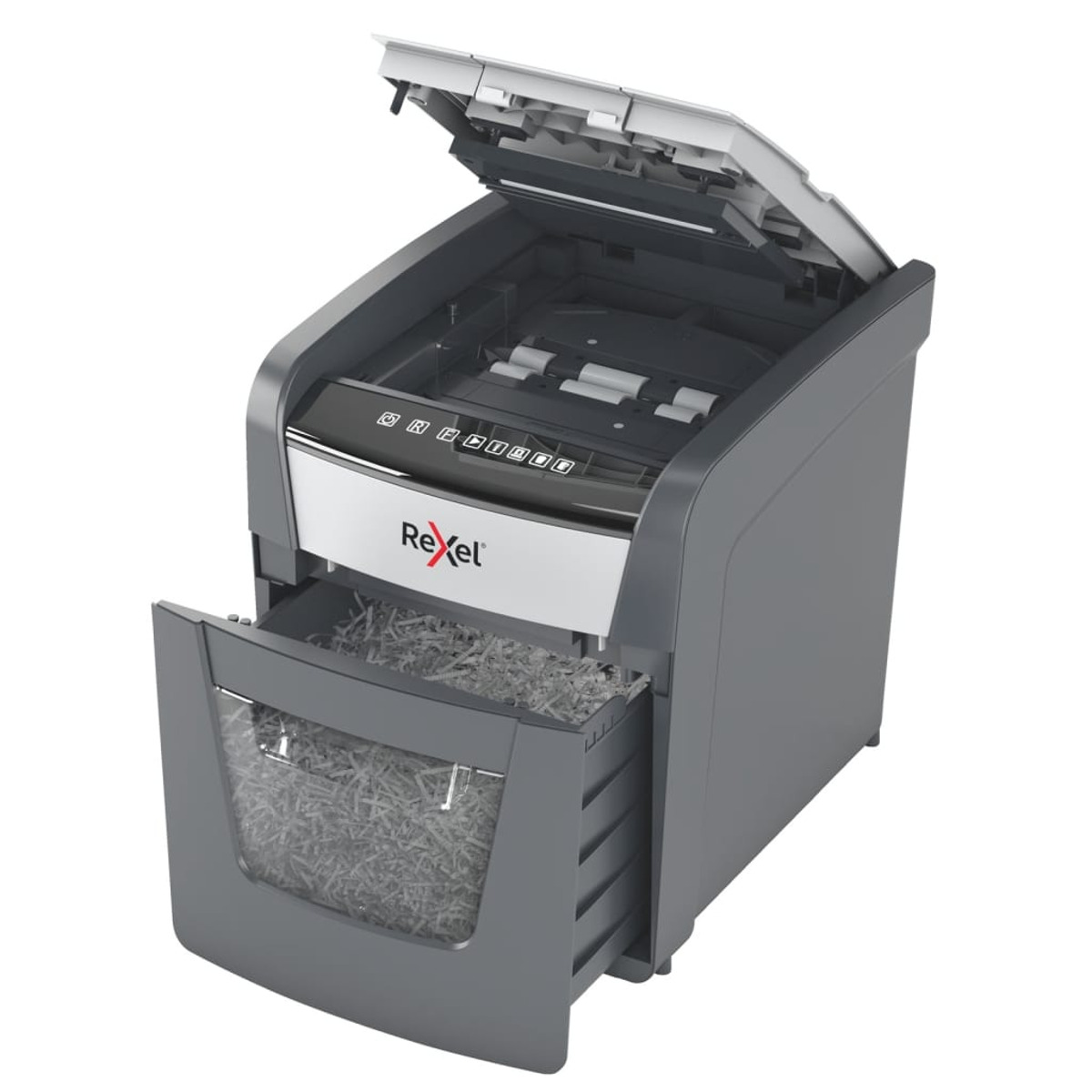 Szara niszczarka do papieru z otwartą szufladą, pokazująca pocięty papier.