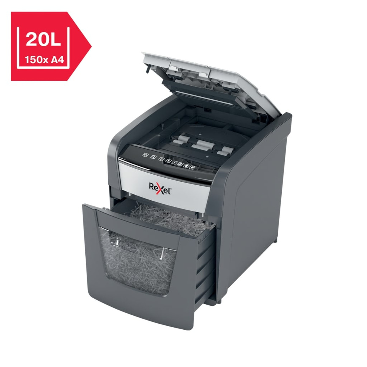 Szara niszczarka papieru z otwartym pojemnikiem. Niszczarka ma czarny wierzch.