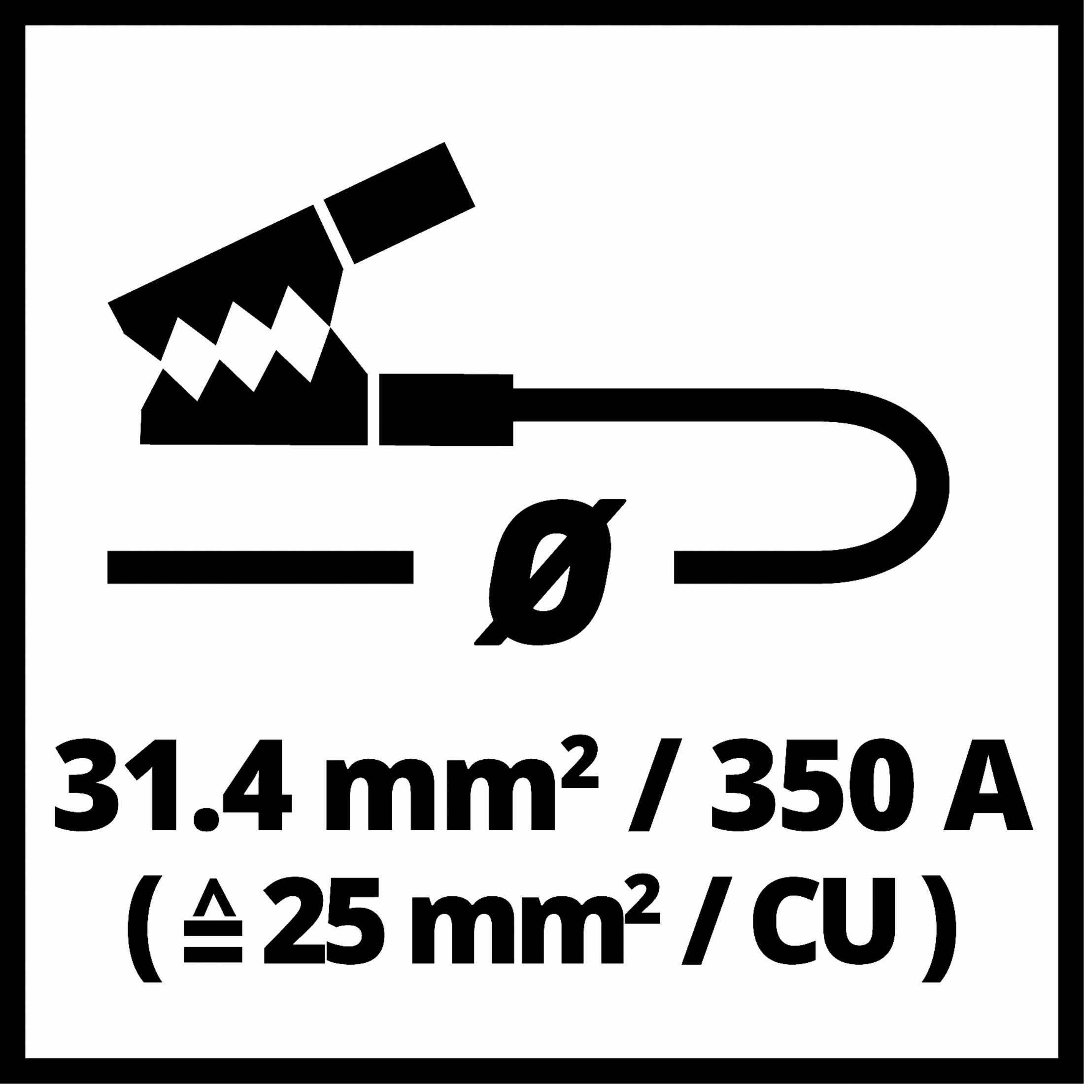 Schwarz-Weiß-Illustration eines Batterieanschlusses mit Abmessungen und Stromstärkendetails.