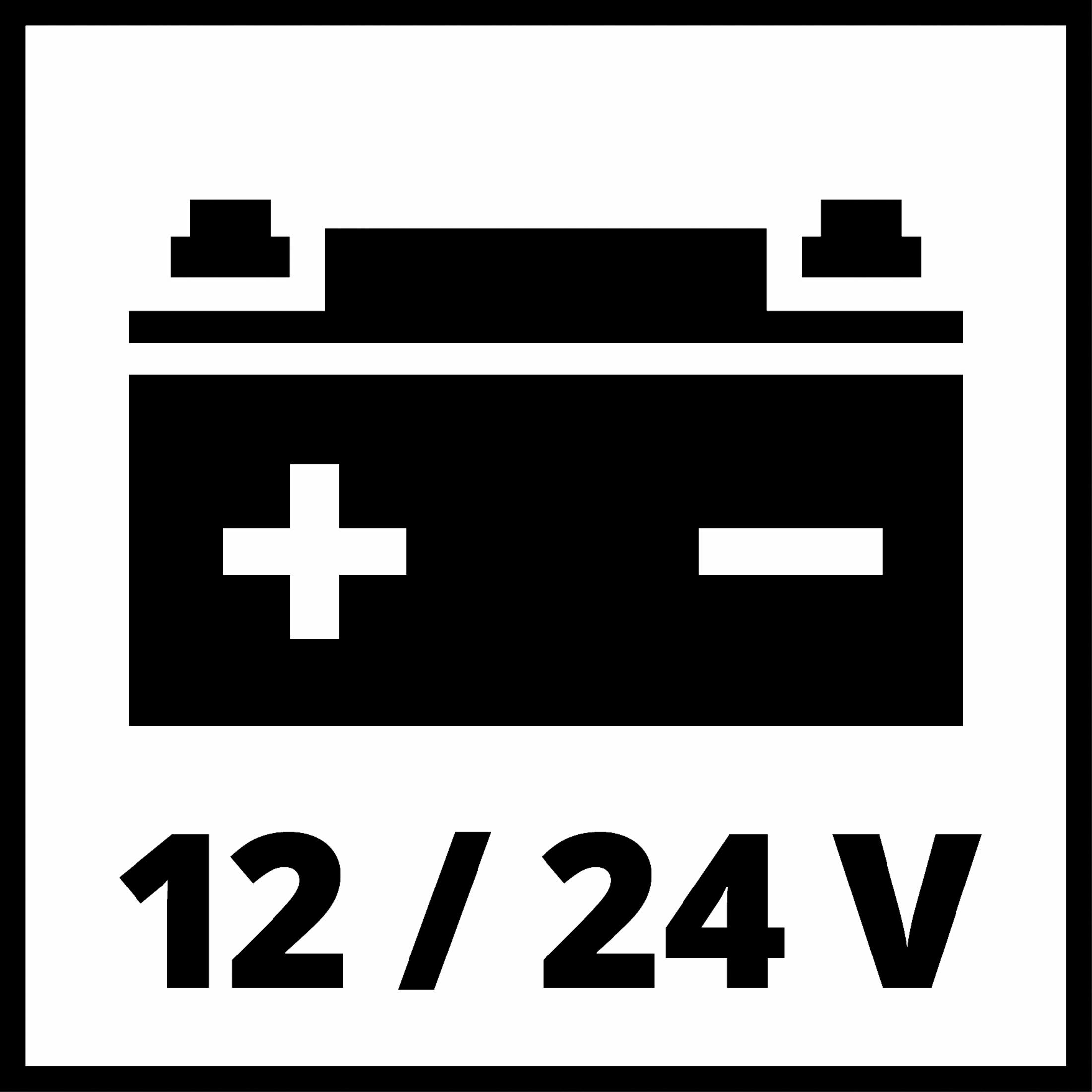 Schwarz-weißes Batteriesymbol mit dem Text "12 / 24 V".
