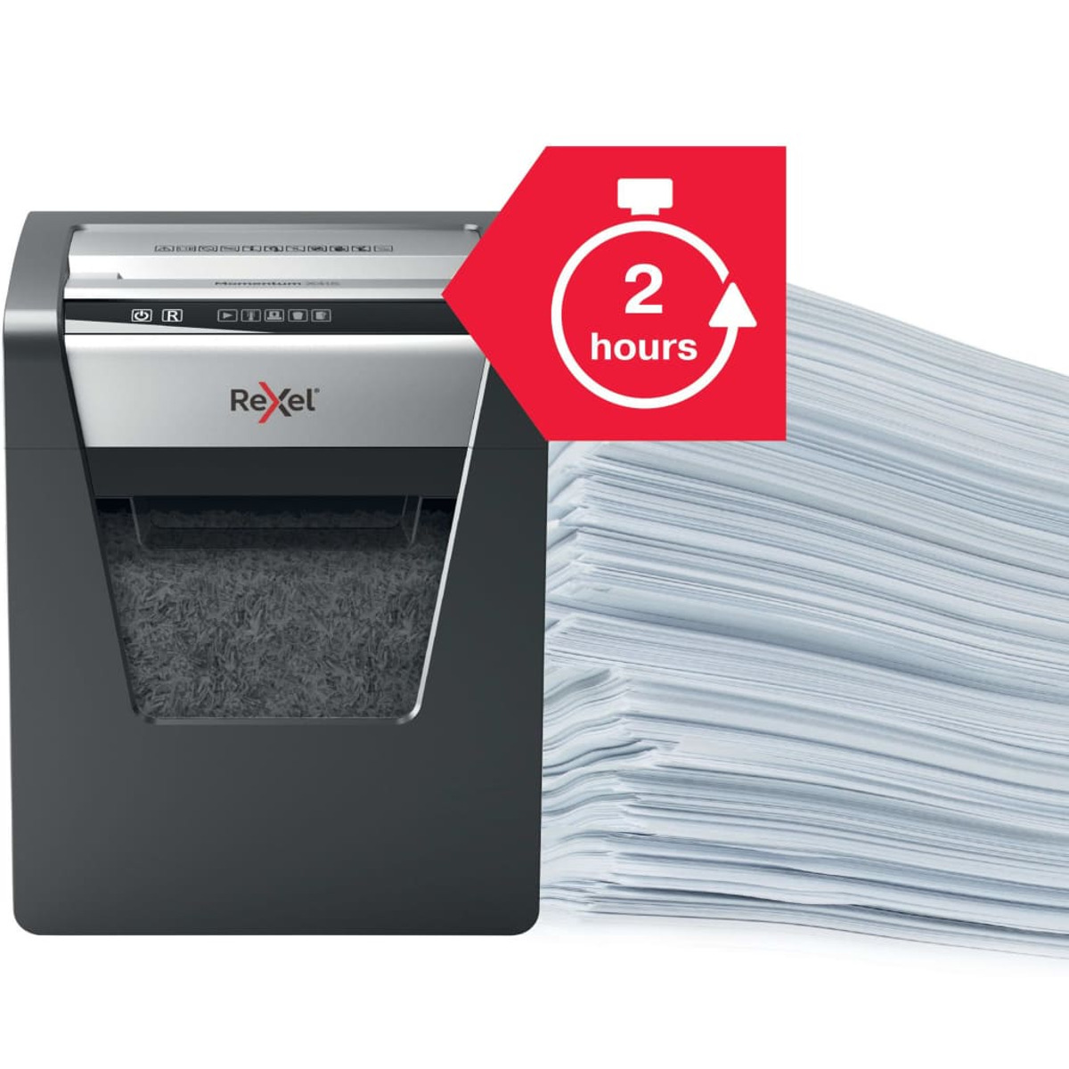 Niszczarka do papieru z papierem. Czerwony wykres wskazuje 2-godzinny czas pracy. Białe tło.