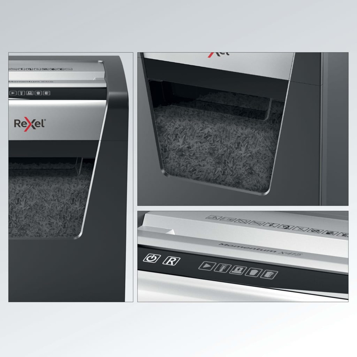 Niszczarka z trzema szczegółowymi widokami. Czarny i srebrny. Pocięty papier.