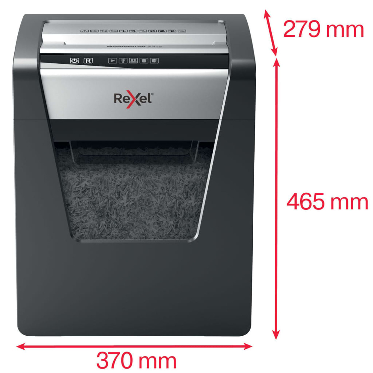 Czarno-szara niszczarka do papieru, wymiary: 279 mm wysokości, 465 mm wysokości, 370 mm szerokości. Białe tło.