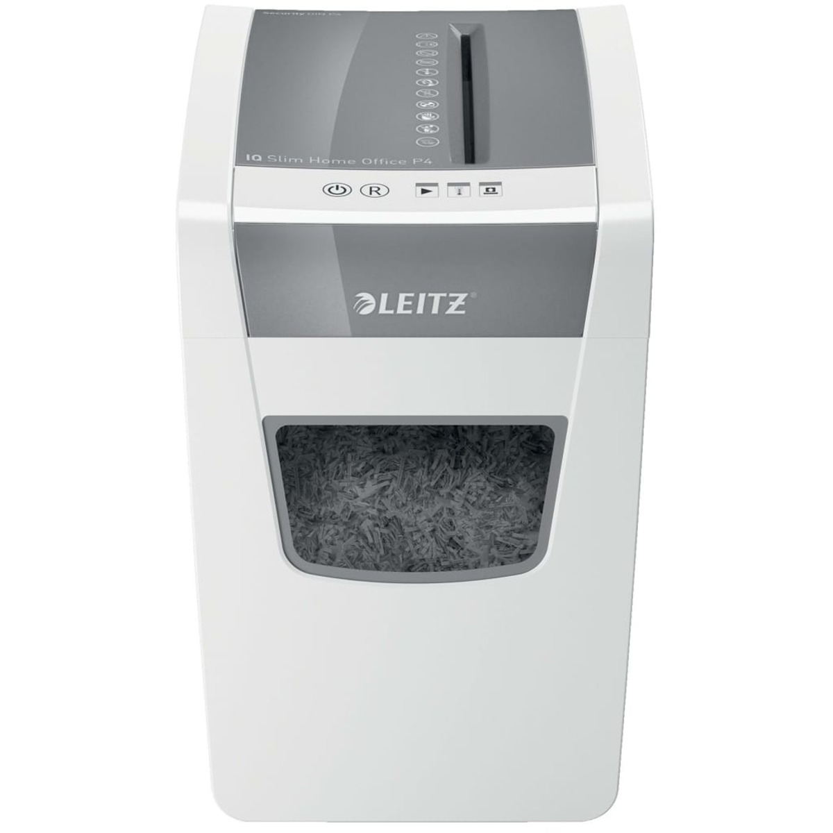 Biało-szara niszczarka Leitz. Maszyna ma szczelinę wejściową, przyciski sterowania i pojemnik na odpady.