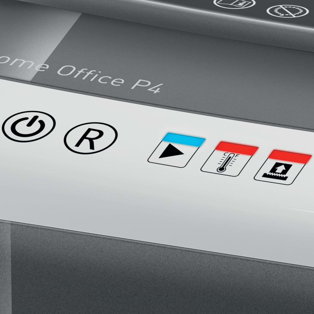 Zbliżenie panelu sterowania niszczarki z podświetlanymi ikonami.