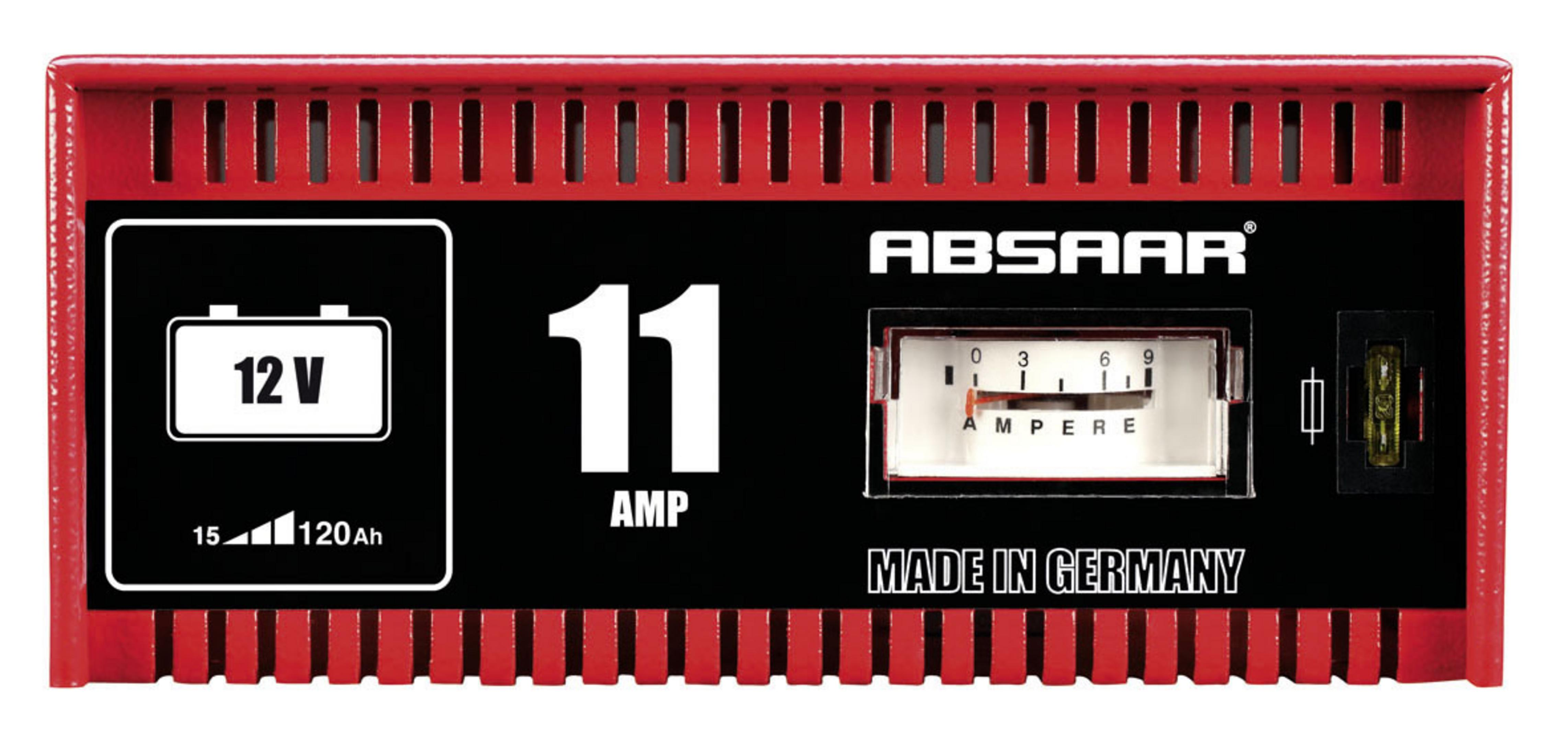 Rotes ABSAAR Batterieladegerät mit schwarzem Text. Verfügt über ein 12V Batteriesymbol und ein Ampere-Messgerät. Weißer Hintergrund.