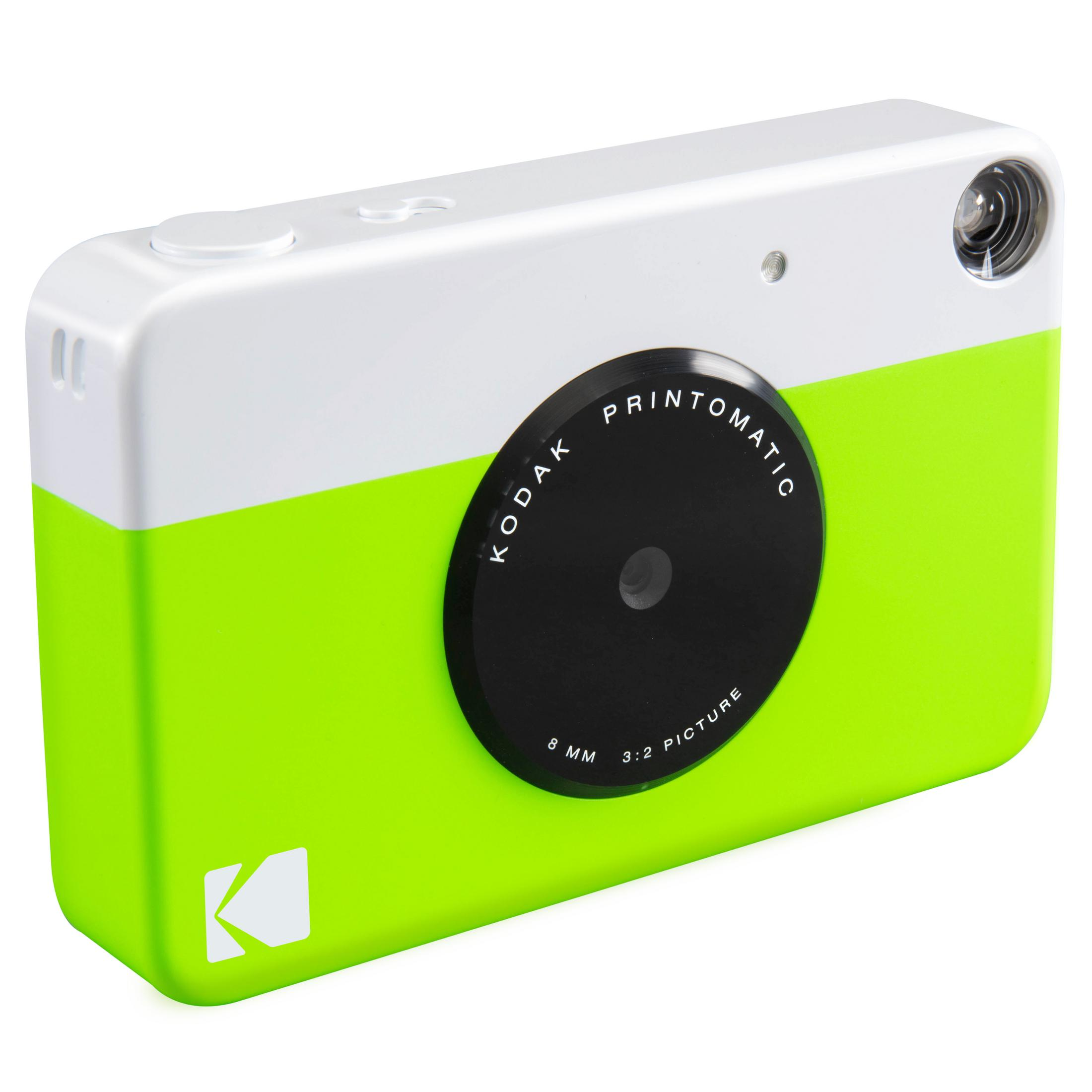 Appareil photo Kodak Printomatic vert et blanc. Objectif et cadran noirs avec boutons blancs.