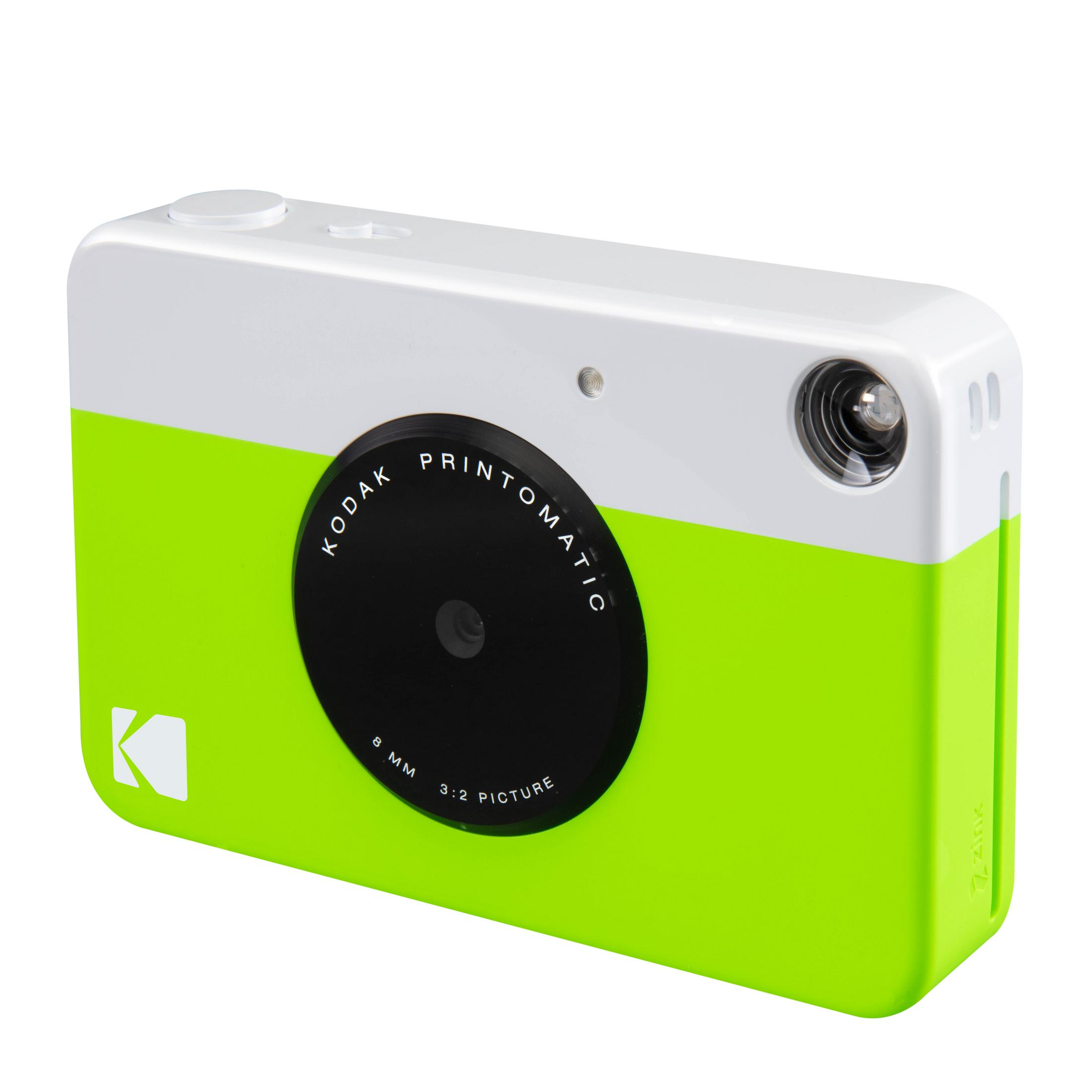 Appareil photo Kodak Printomatic. Il est vert et blanc, avec un grand objectif noir.