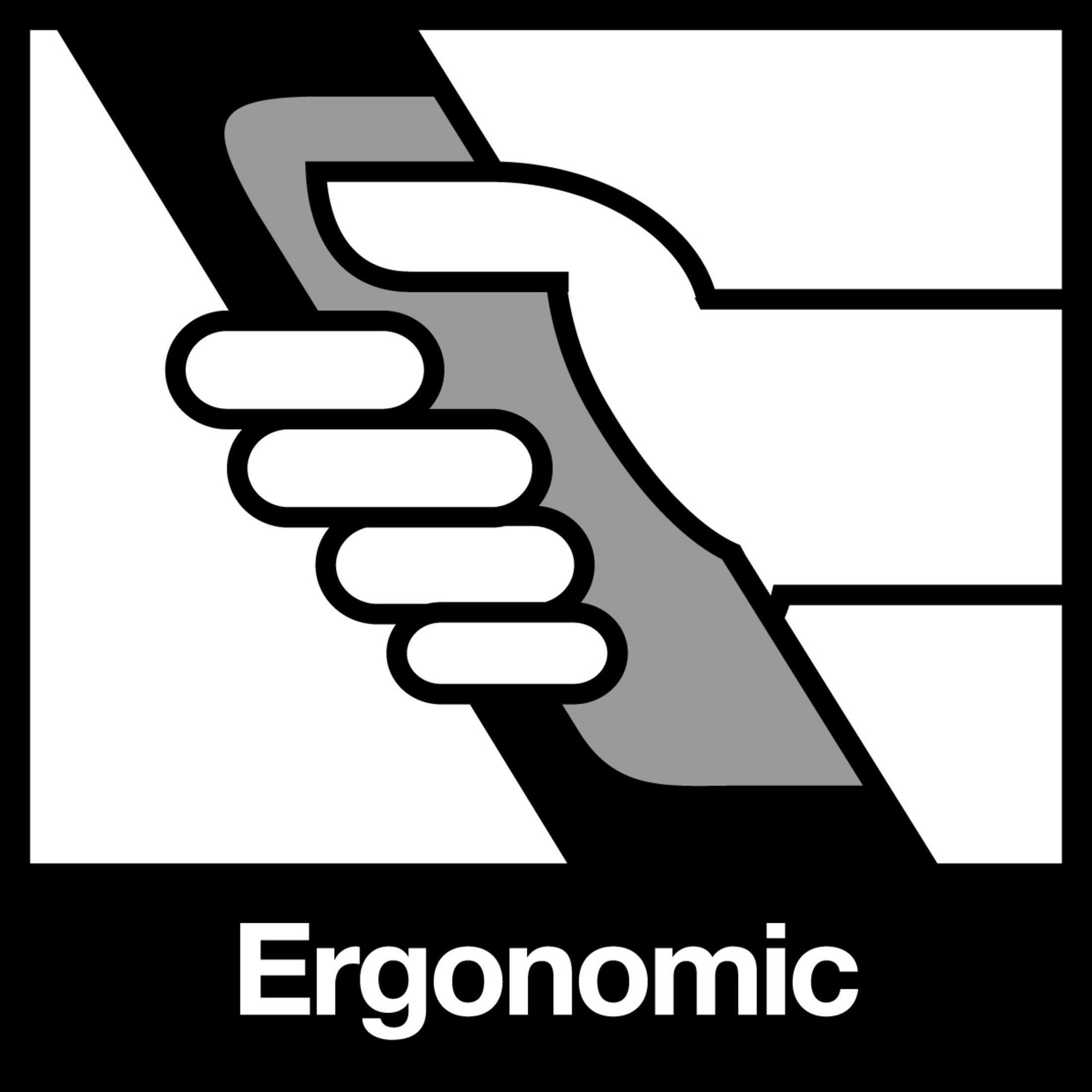 Schwarz-weißes ergonomisches Design-Symbol. Eine Hand greift ein gekrümmtes, graues Objekt.
