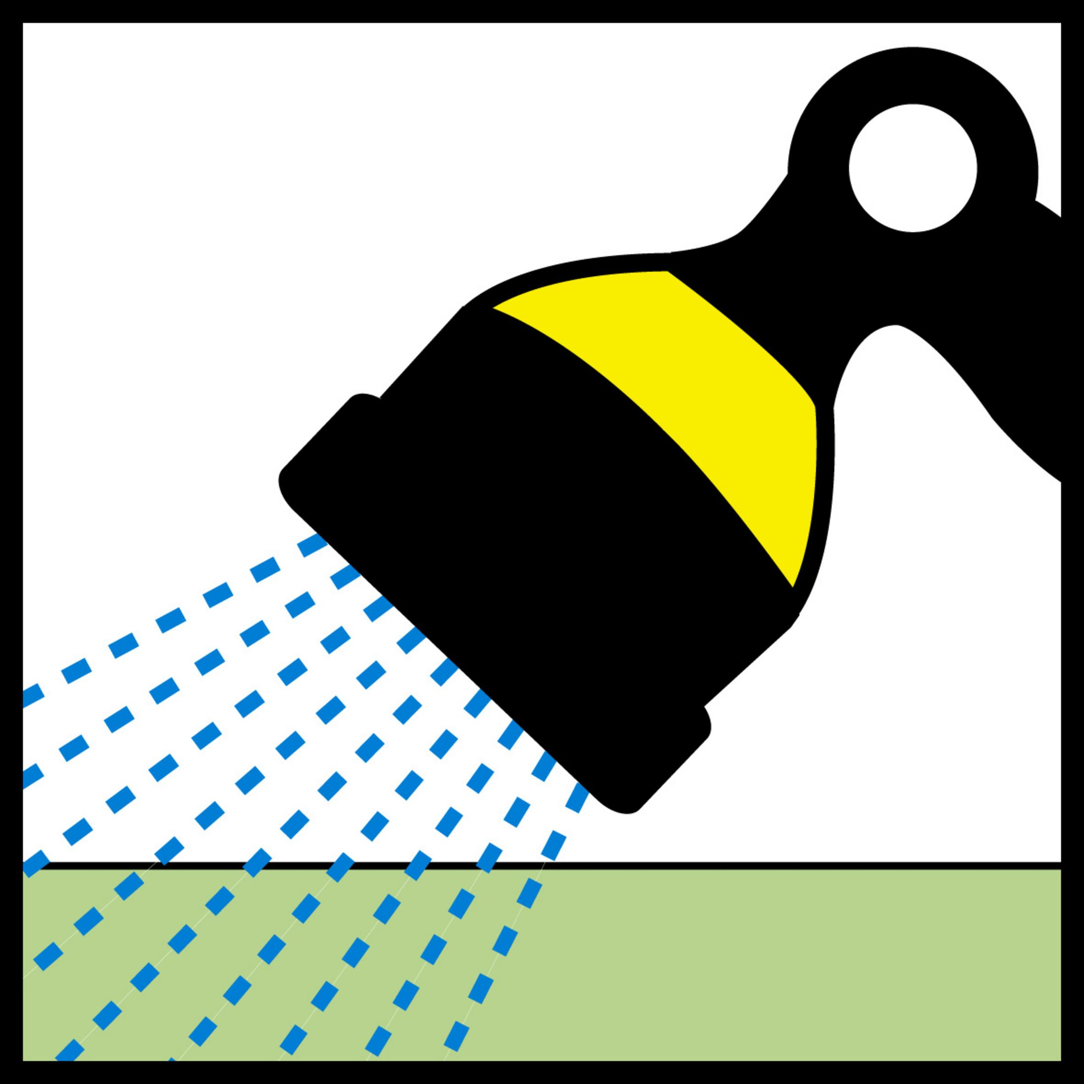 Ein schwarzer und gelber Duschkopf, der blaues Wasser auf grünen Boden sprüht.