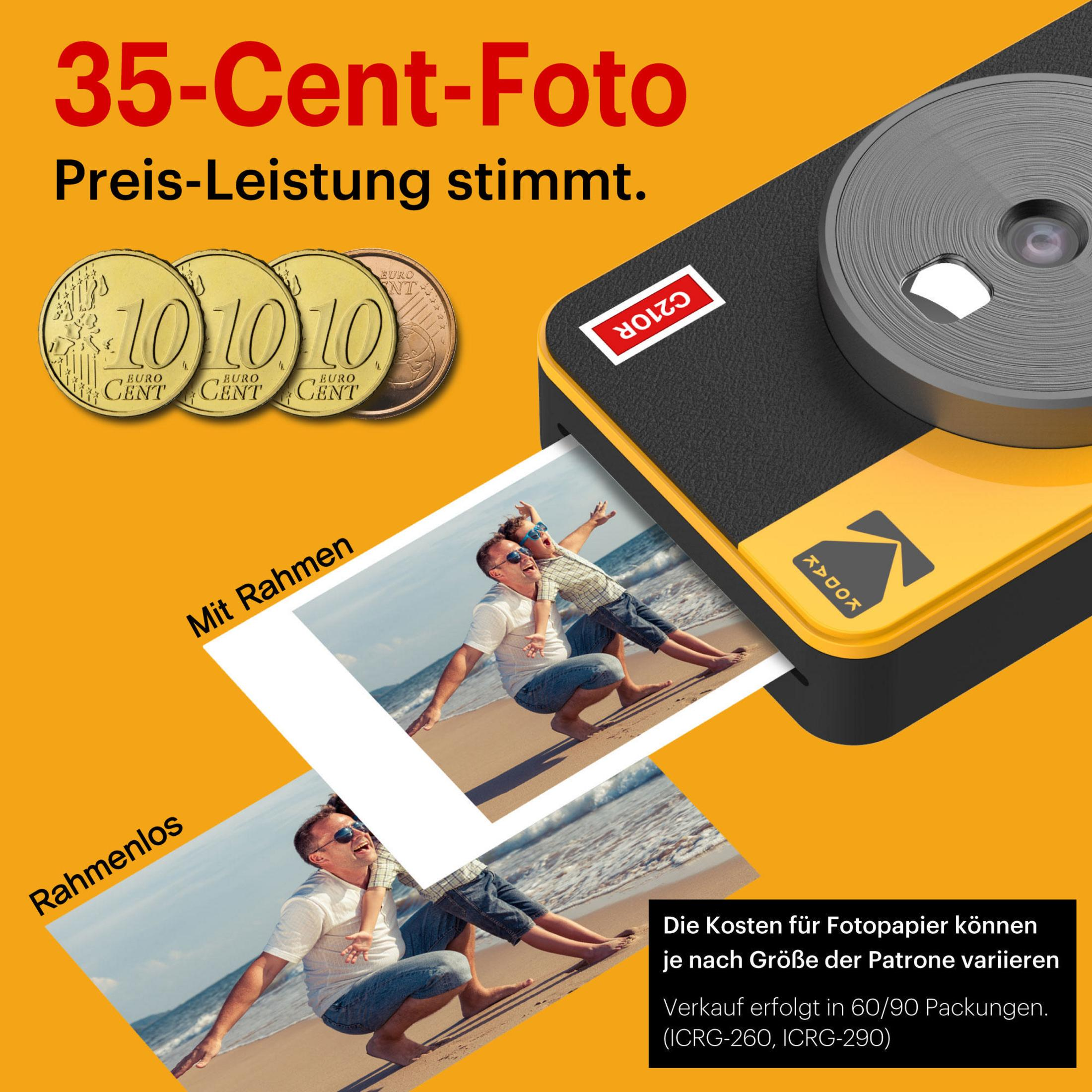 Drukarka fotograficzna Kodak. Drukuj zdjęcia z lub bez obramowania. Widoczne monety i tekst.