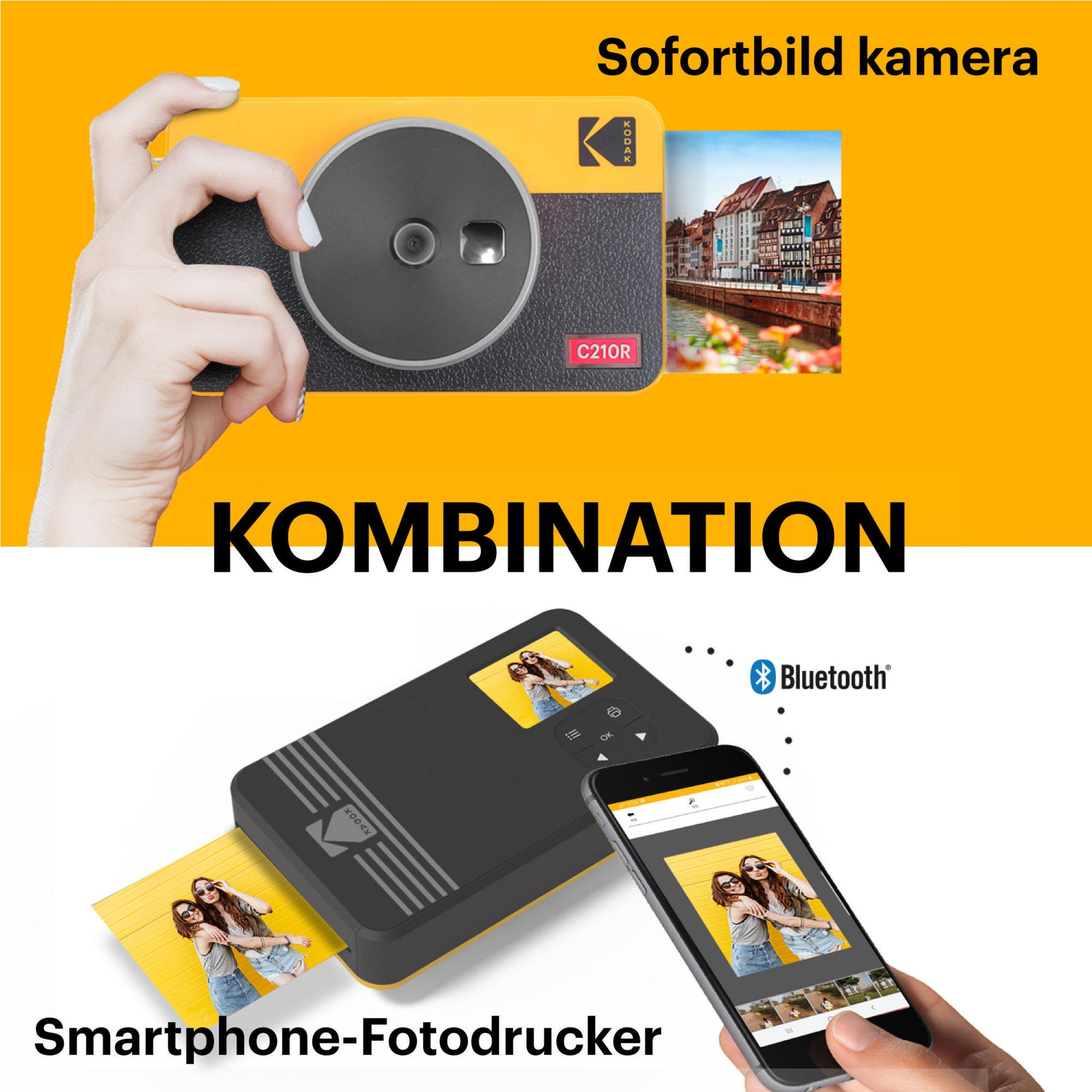 Żółty aparat natychmiastowy Kodak i czarna drukarka z telefonem pokazującym zdjęcia. Motyw kombinacji.