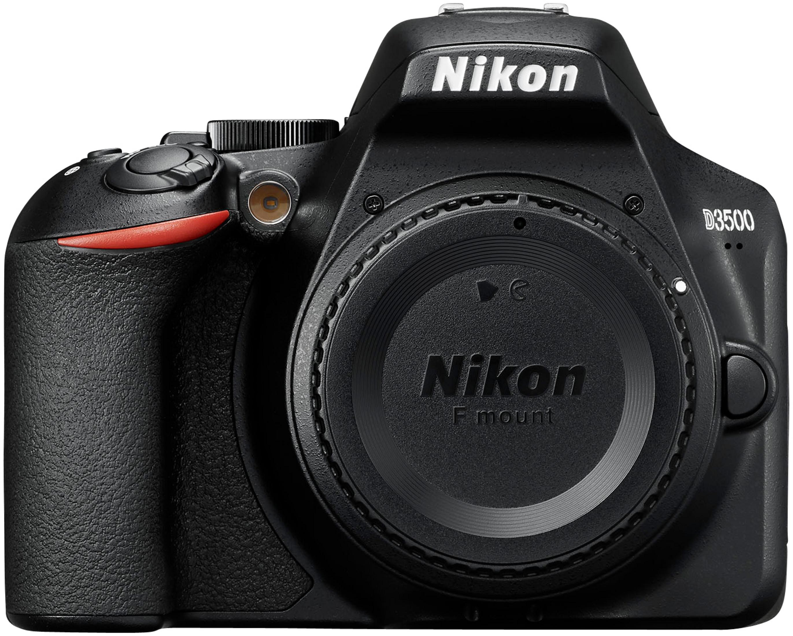 Schwarze Nikon D3500 Kamera mit Objektiv. Nikon Logo oben.