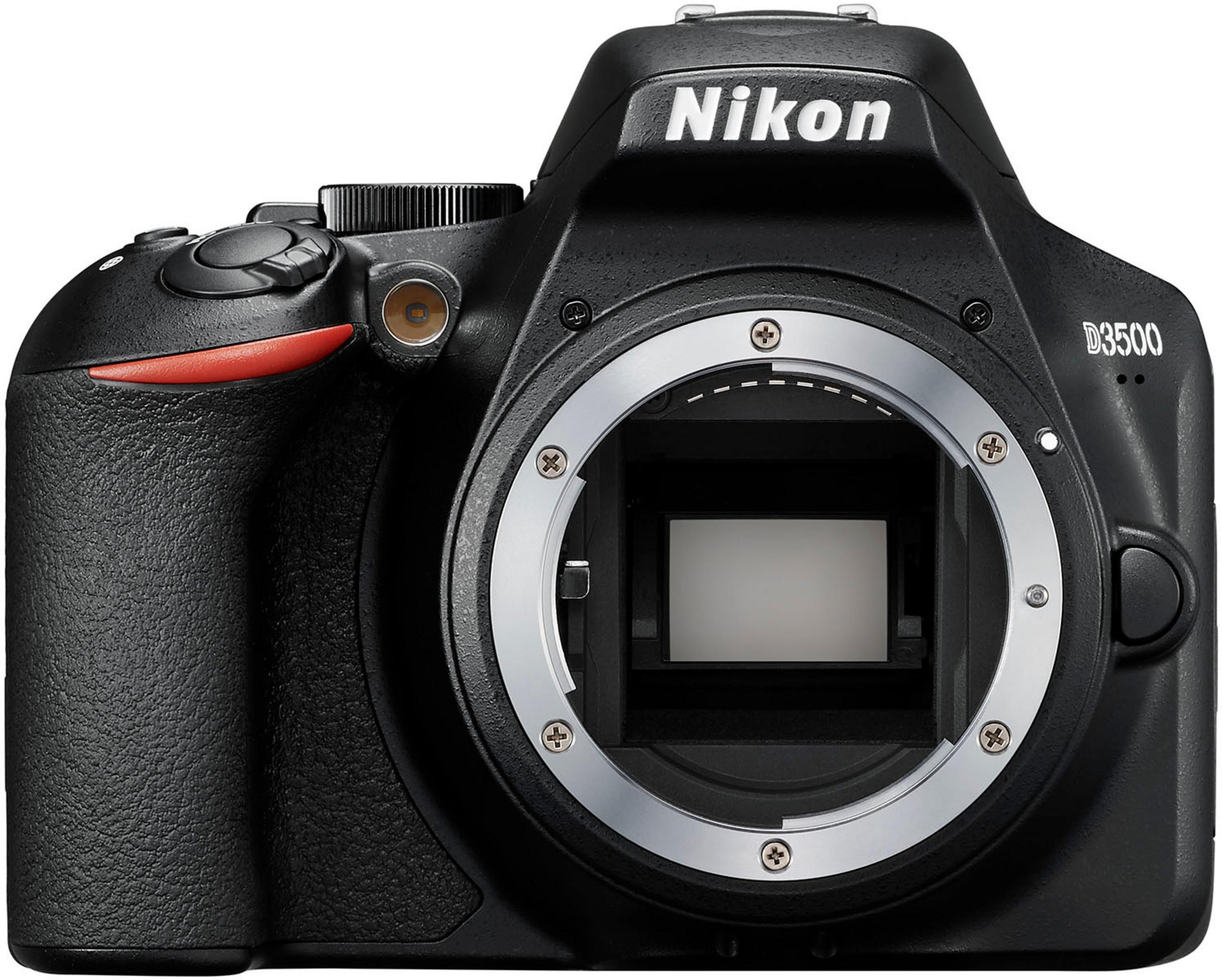 Eine schwarze Nikon D3500 Kamera mit Objektivanschluss und verschiedenen Tasten, auf weißem Hintergrund.