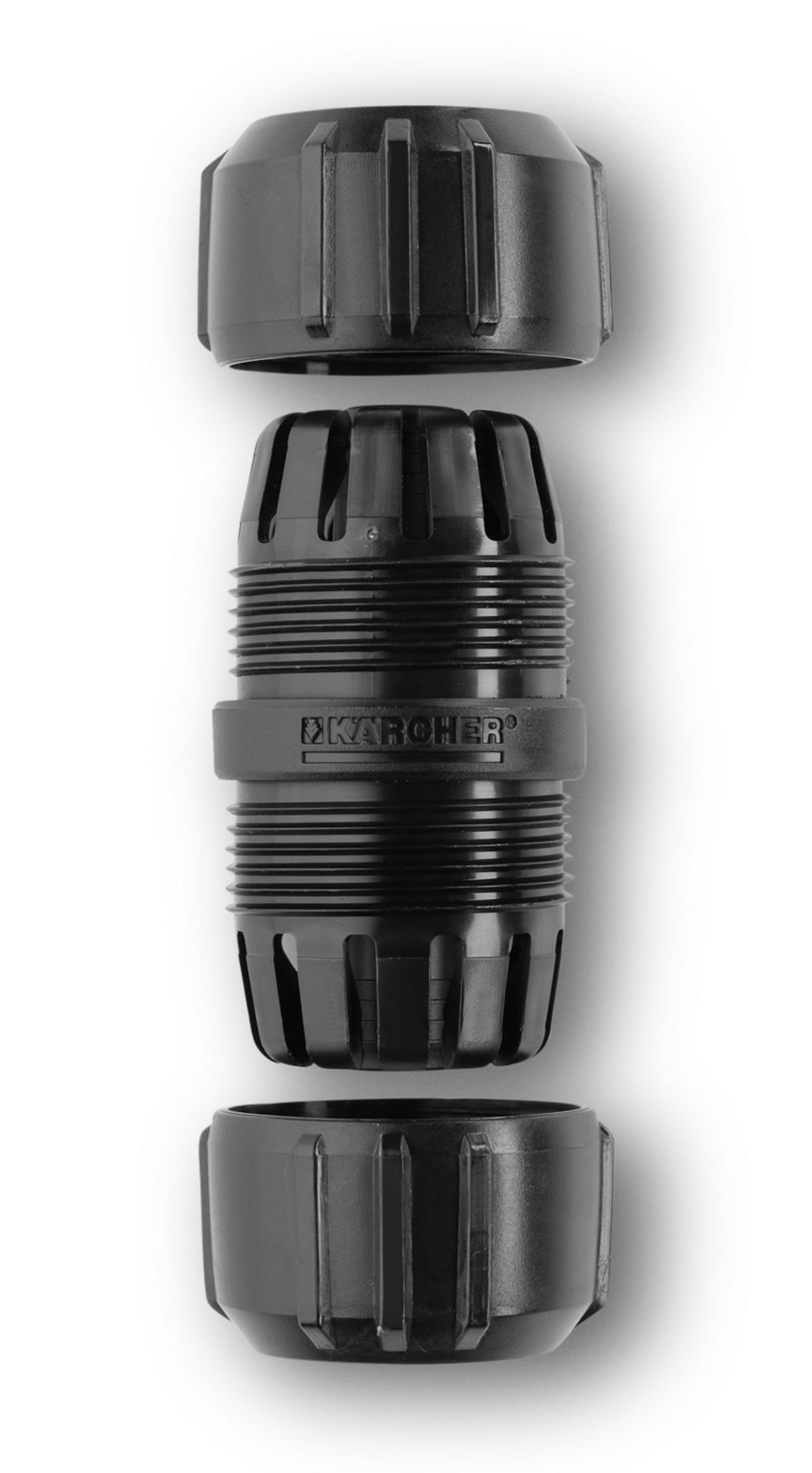 Conector de manguera Kärcher negro, desmontado, fondo blanco.