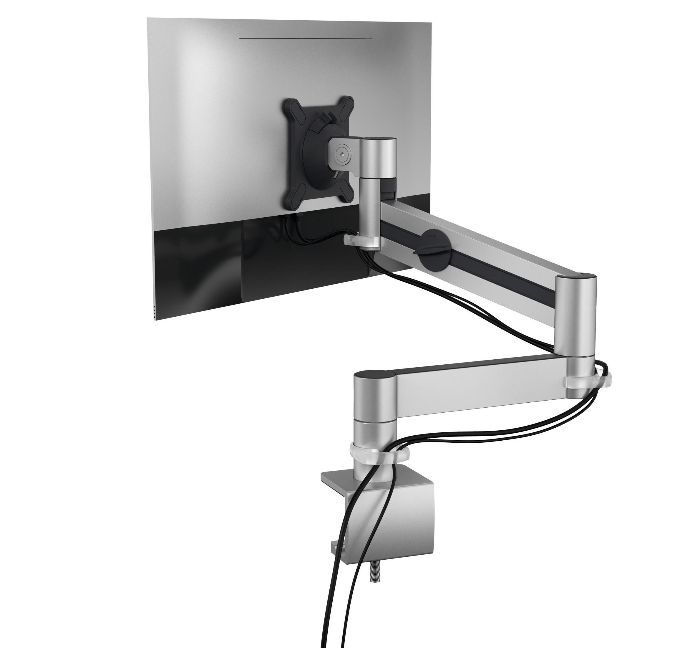 Silberner Monitorarm mit Monitor. Schwarze Kabel verlaufen entlang des Arms.