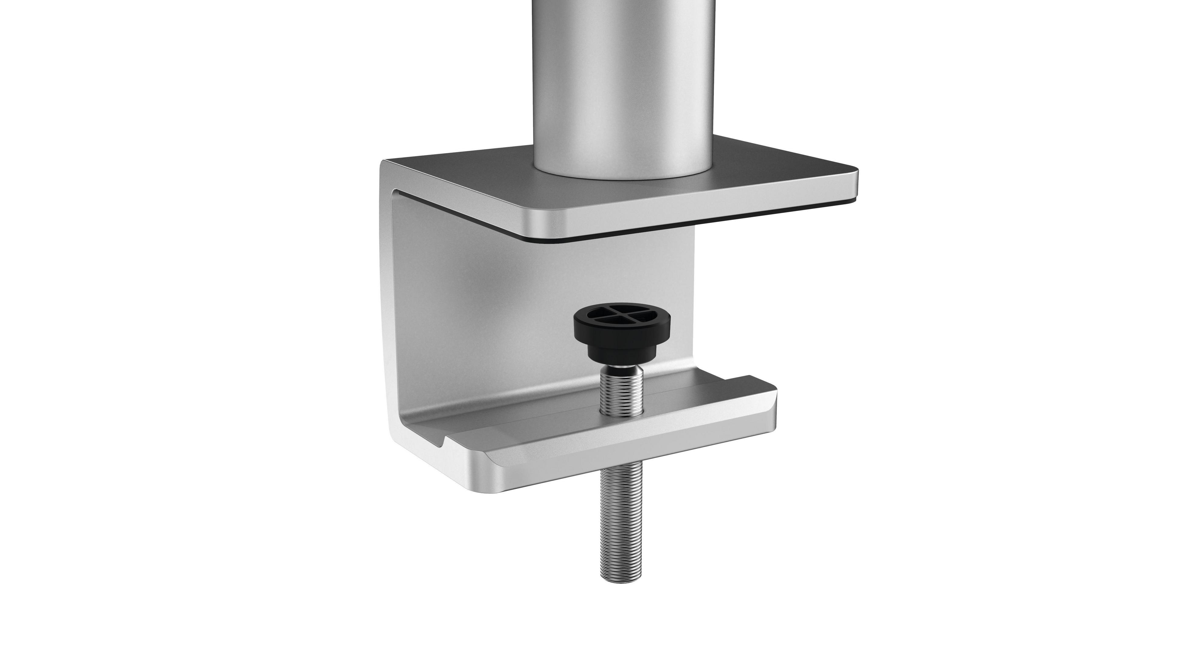 Metall-Monitorhalterung, silberfarben mit schwarzer Einstellschraube.