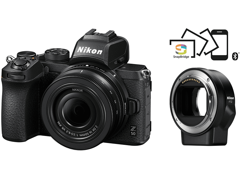 NIKON Z 50 + 16-50VR+FTZ ADAP. - VOA050K004 Systemkamera  mit Objektiv 16-50 mm , 8 cm Display Touchscreen, WLAN