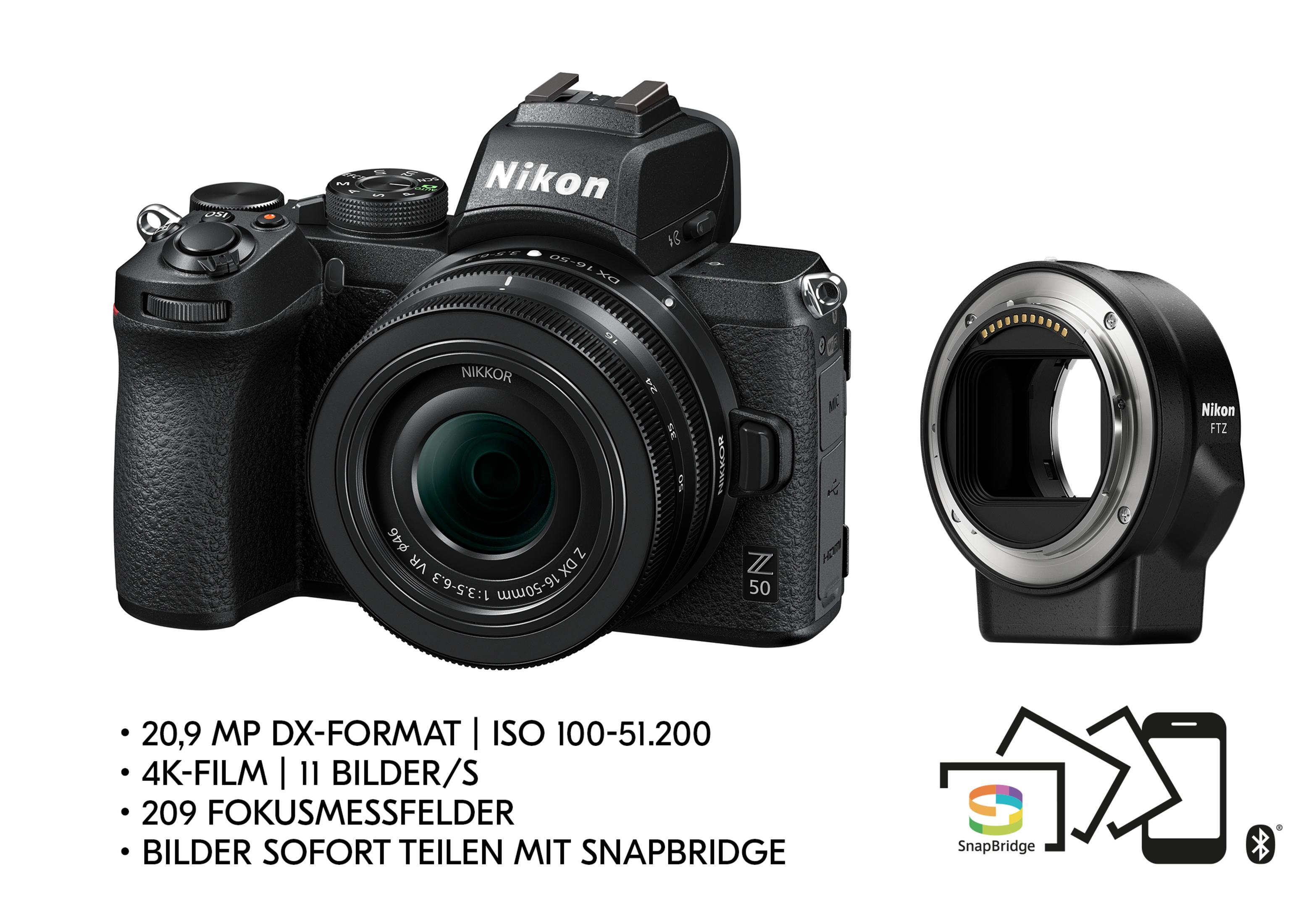 Eine schwarze Nikon-Kamera mit Objektiv, ein separater Objektivadapter und Informationstext.