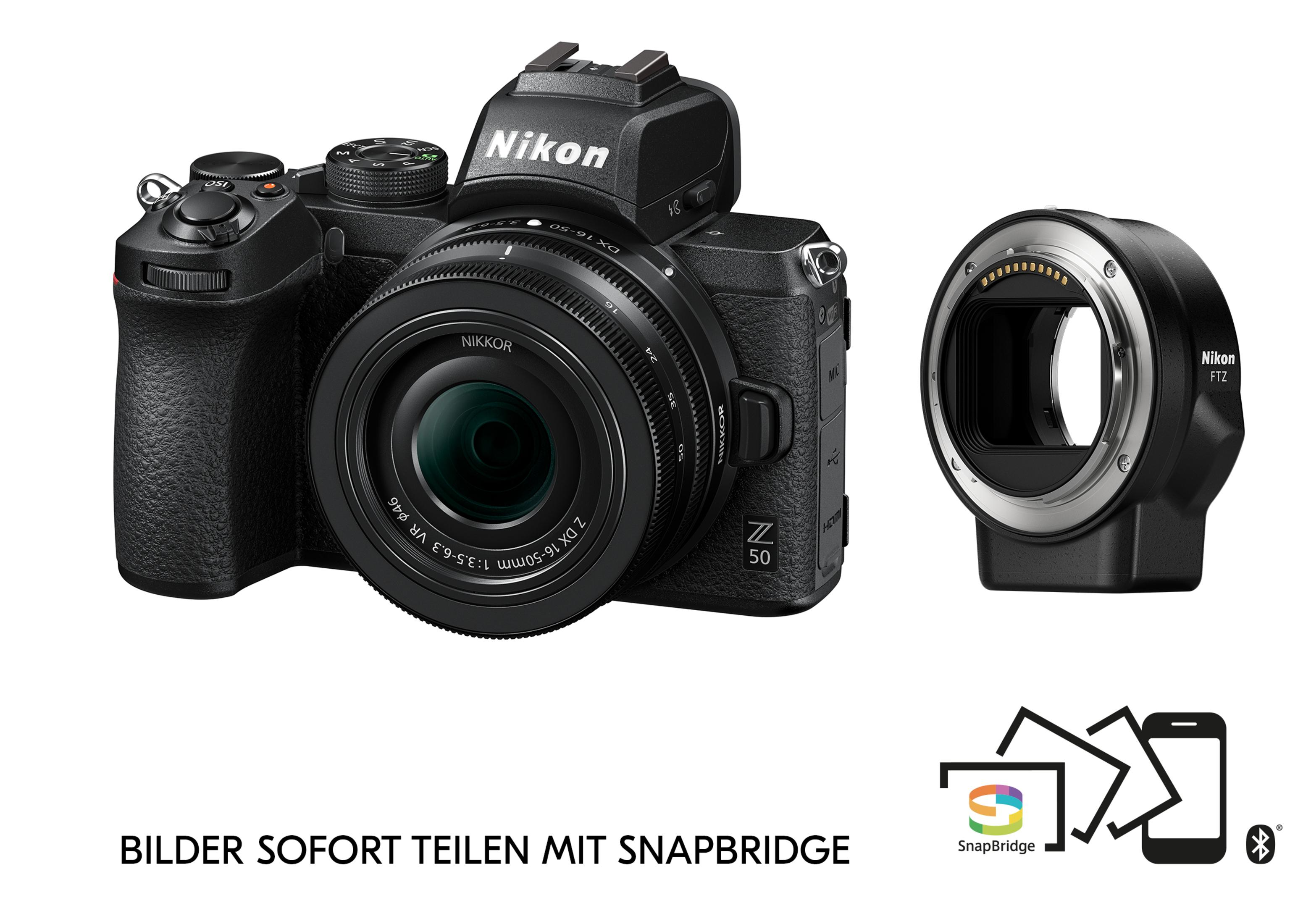 Schwarze Nikon Kamera mit Objektiv und einem weiteren Objektivteil. Text: Bilder sofort teilen mit SnapBridge.