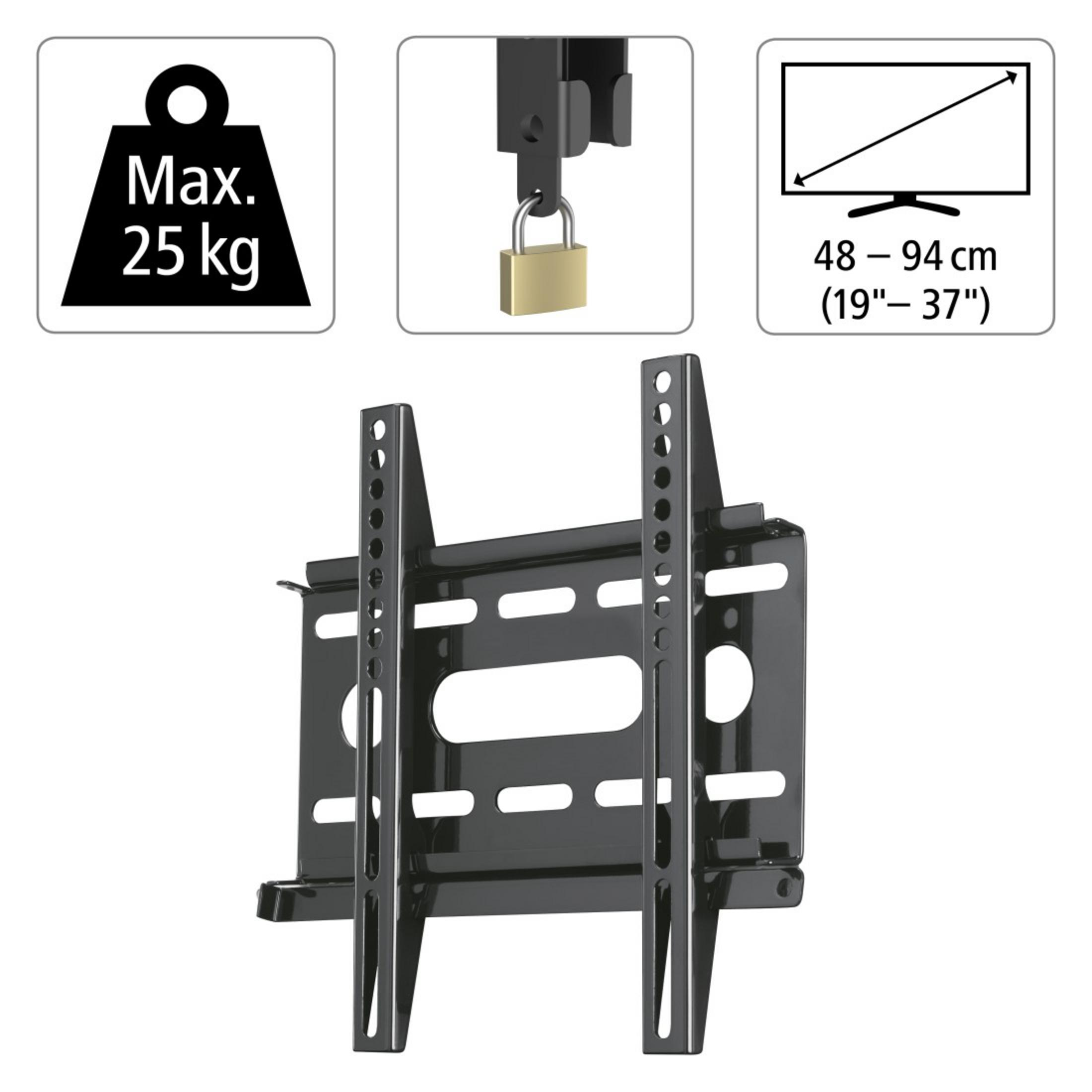 Schwarze TV-Wandhalterung mit Gewichts- und Größenangaben, und ein Vorhängeschloss am Halter.