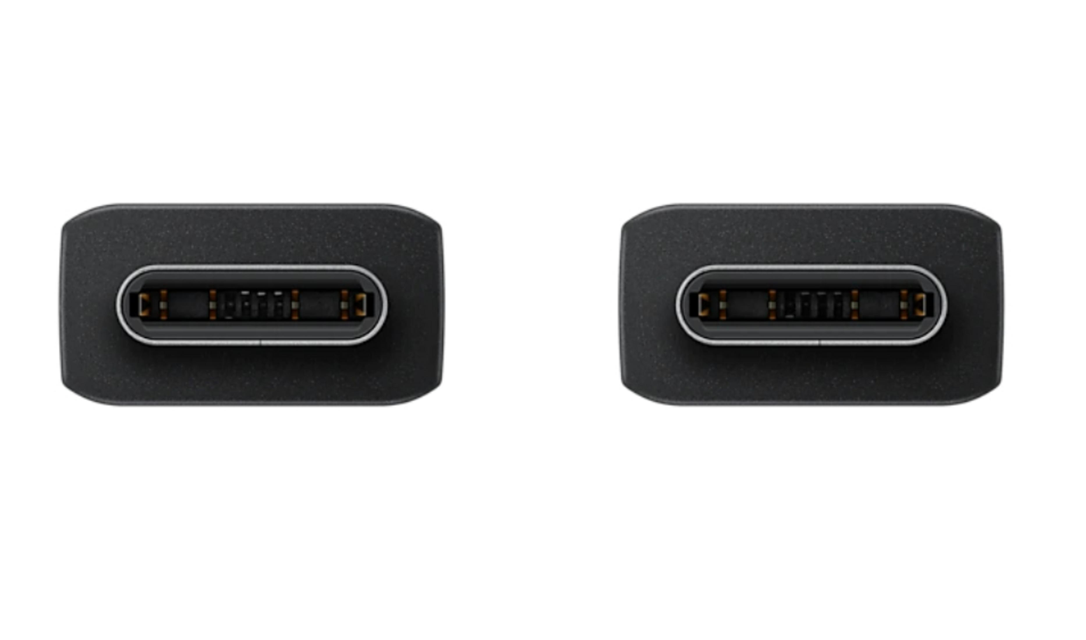 Two black USB-C connectors side by side, showing the internal pins. White background.