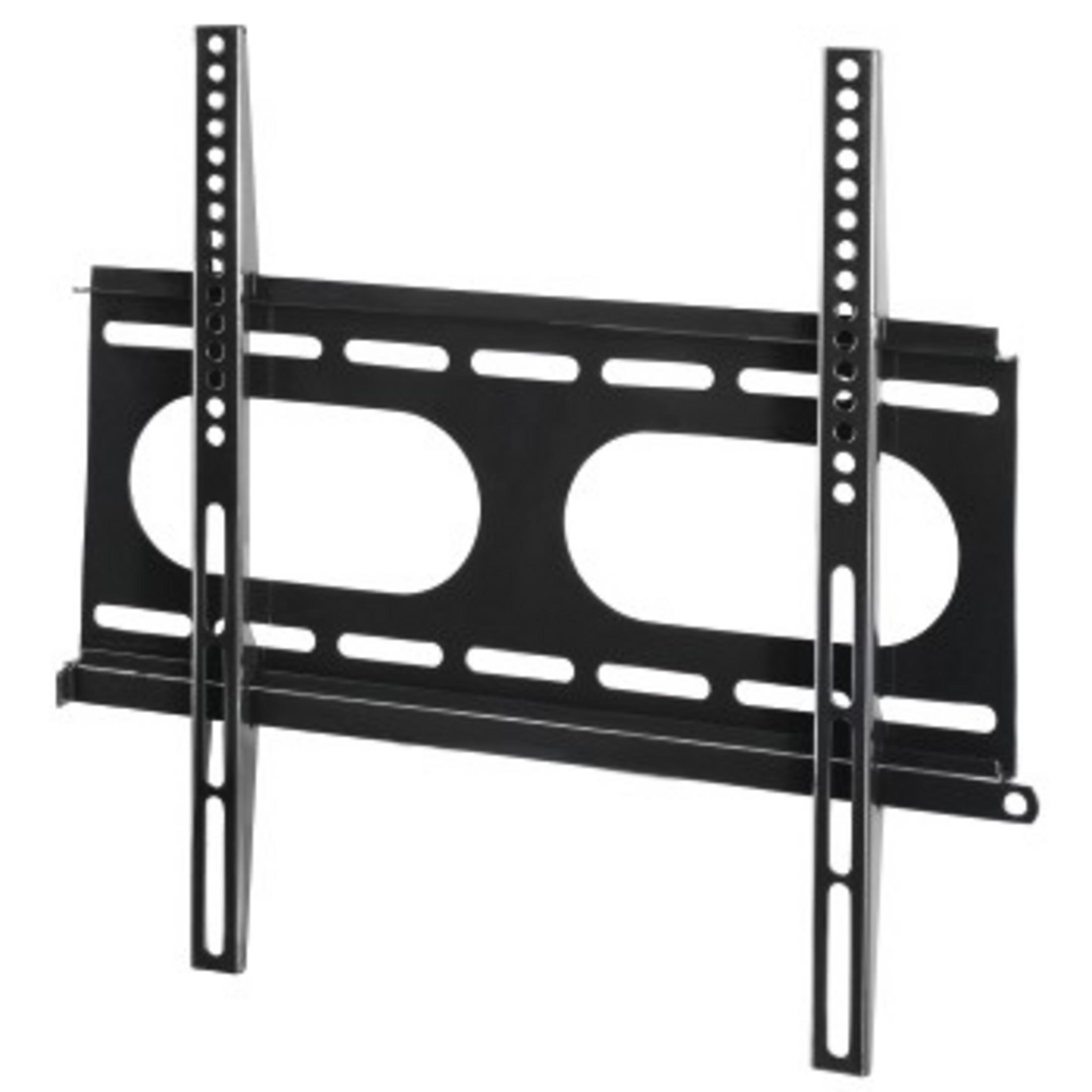 Schwarze TV-Wandhalterung mit zwei vertikalen Schienen und horizontalen Stangen, leerer Raum.