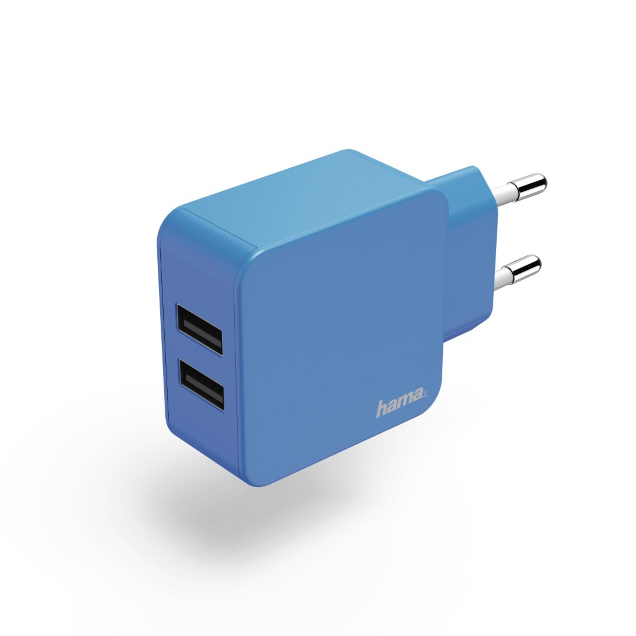 Ein blaues USB-Ladegerät mit zwei USB-Anschl üssen.