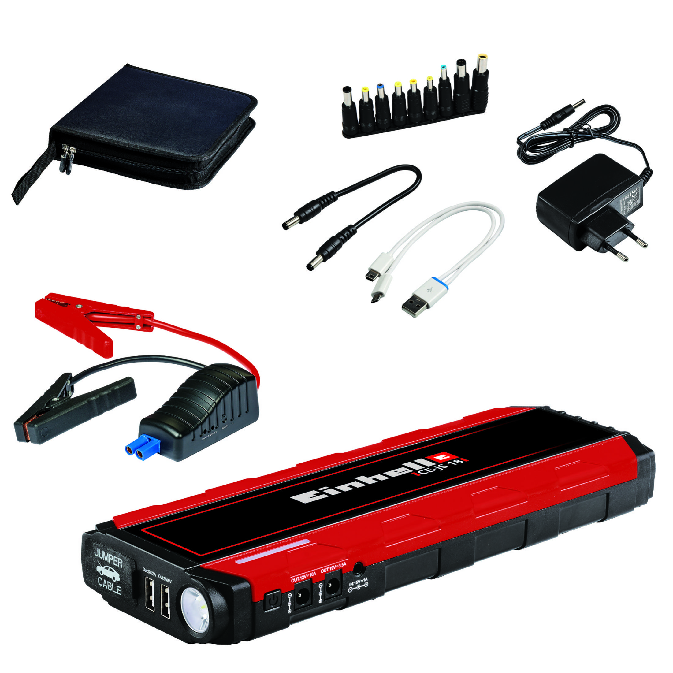Una colección de cargadores de coche, una funda de transporte negra y un arrancador de coche rojo y negro.
