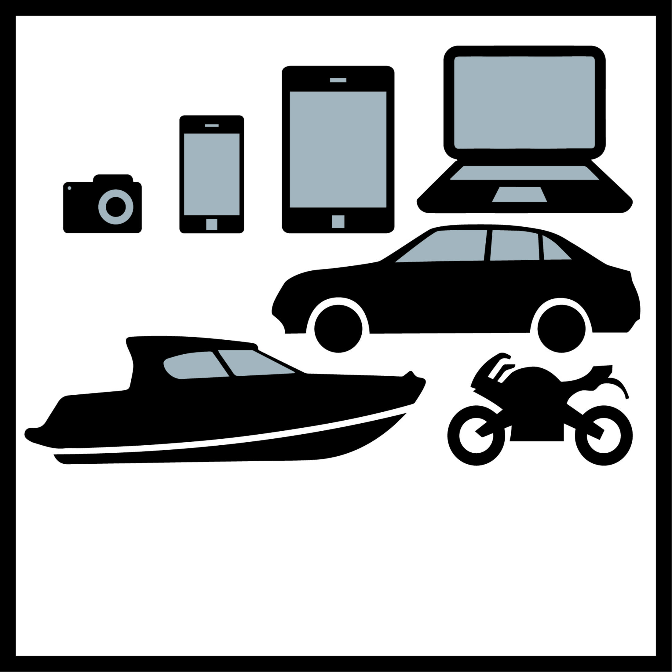 Iconos de cámara, teléfono, tableta, portátil, coche, barco y moto, todos negros.