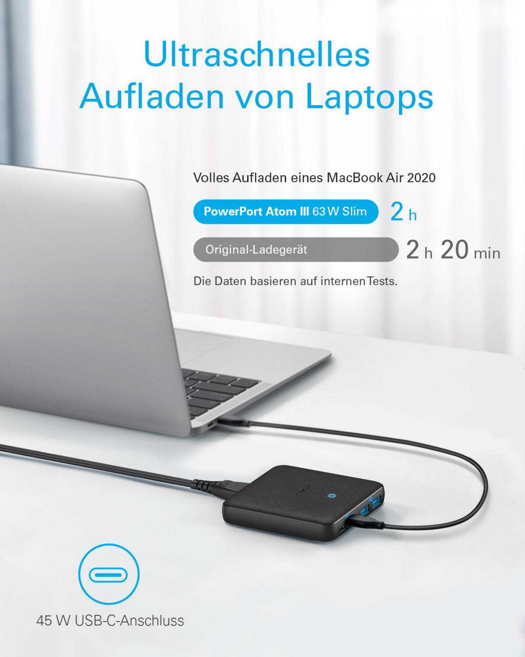 Ein Laptop, der über ein USB-C-Kabel mit einer schwarzen Powerbank verbunden ist.
