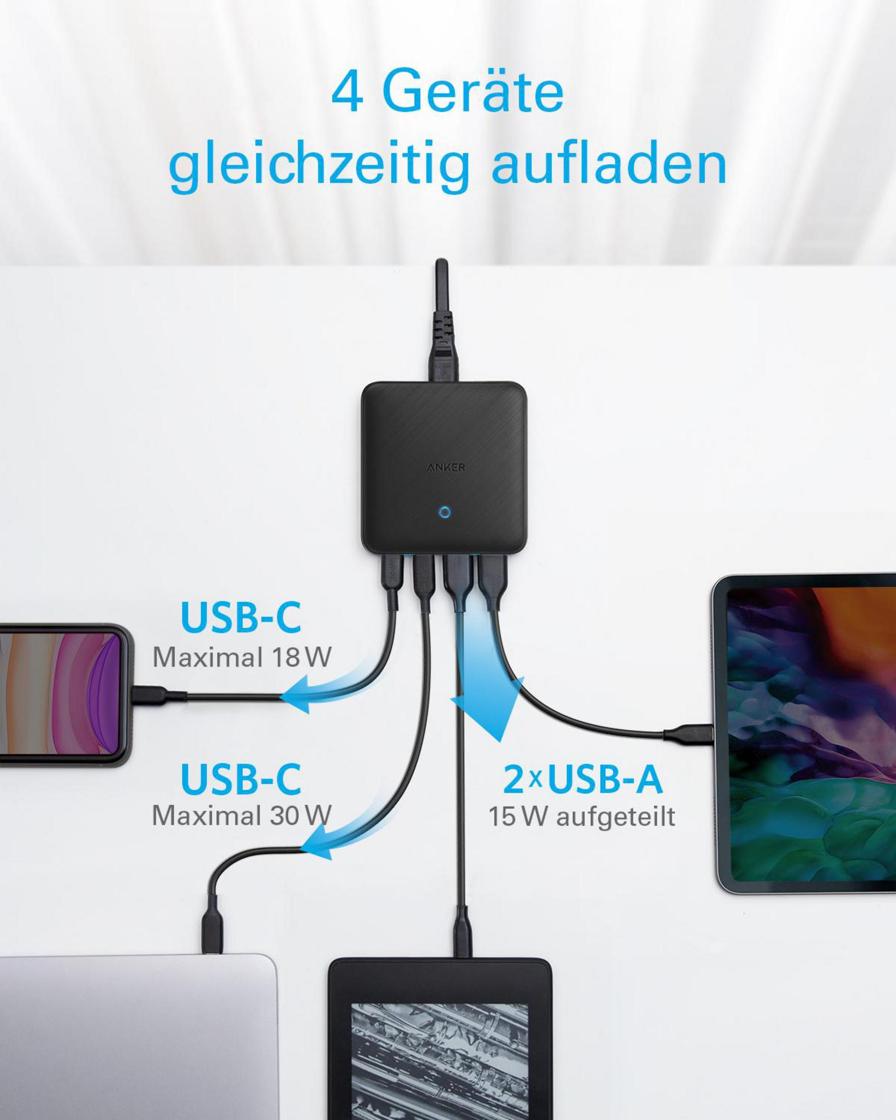 Schwarze Anker-Ladestation mit 4 Anschlüssen, die Geräte laden: Telefon, Tablet und Laptop.