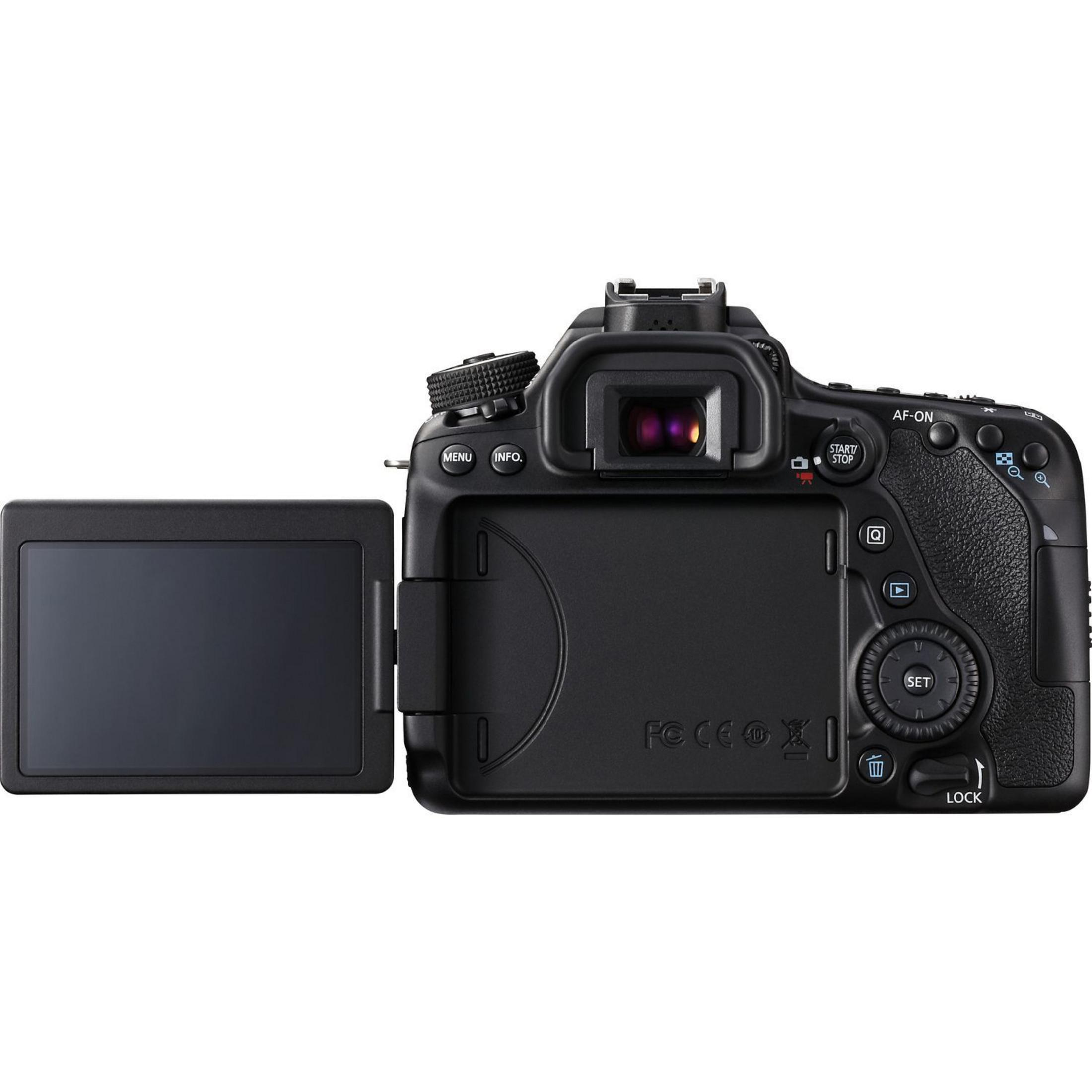 Die Rückansicht einer schwarzen DSLR-Kamera mit geöffnetem Bildschirm.