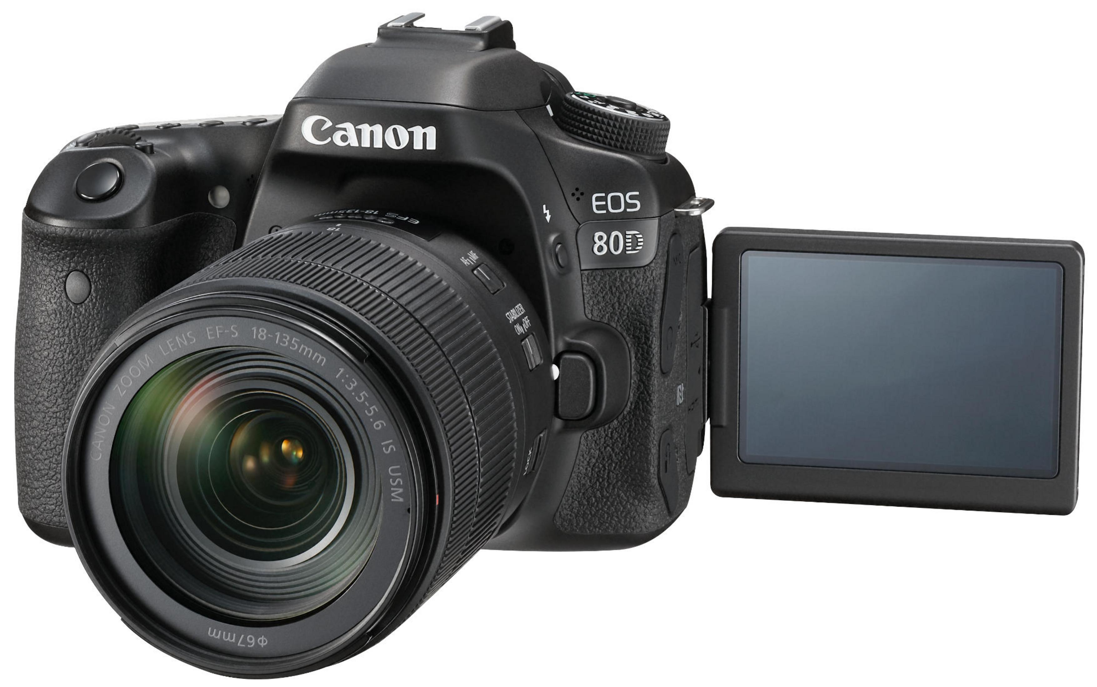 Schwarze Canon EOS 80D Kamera mit Objektiv und offenem LCD-Bildschirm.