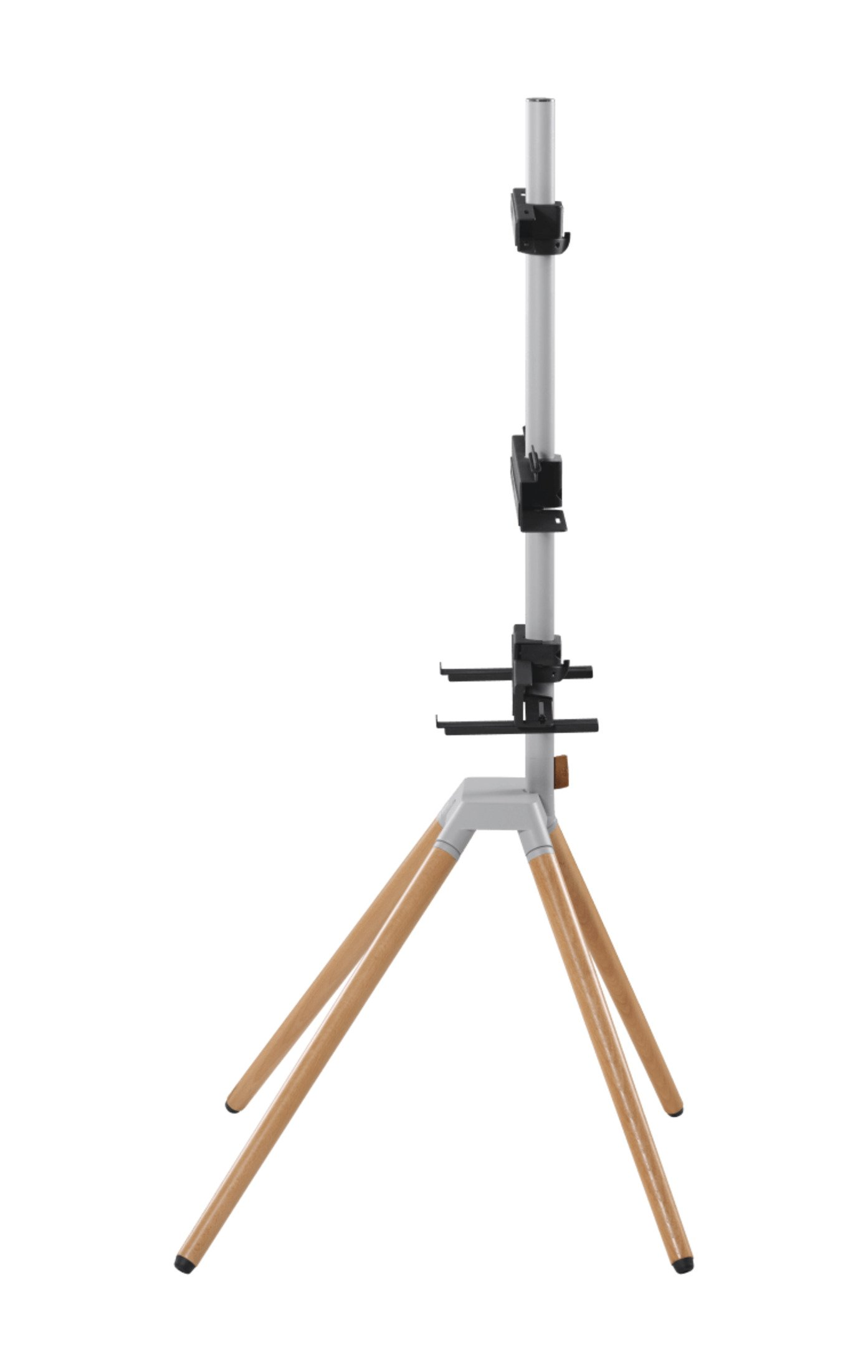 Een camerastatief. Het heeft houten poten en een verstelbare centrale kolom.