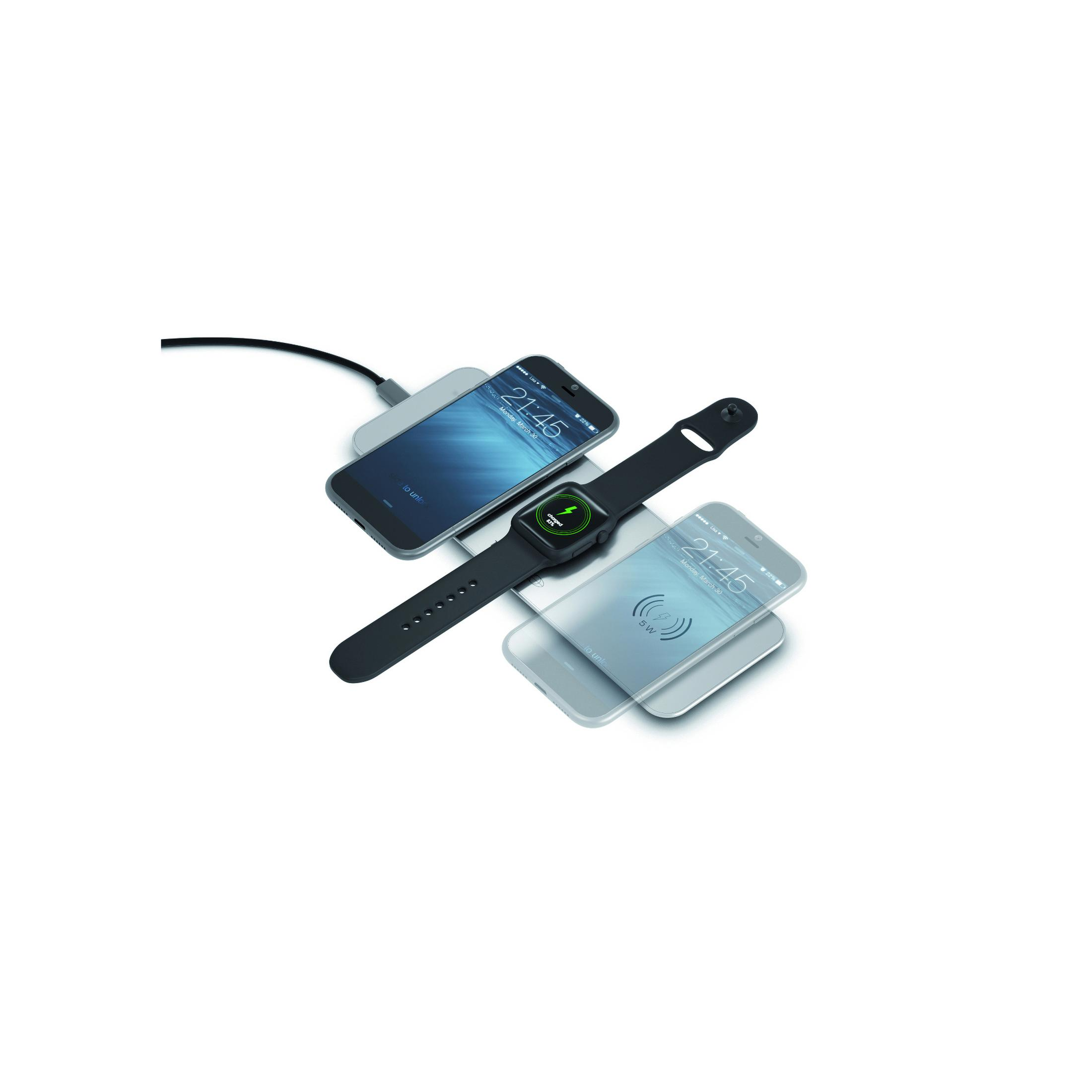 Kabelloses Ladeset mit Telefon und Uhr. Schwarze Uhr, Telefon auf Ladegerät. Weißer Hintergrund.