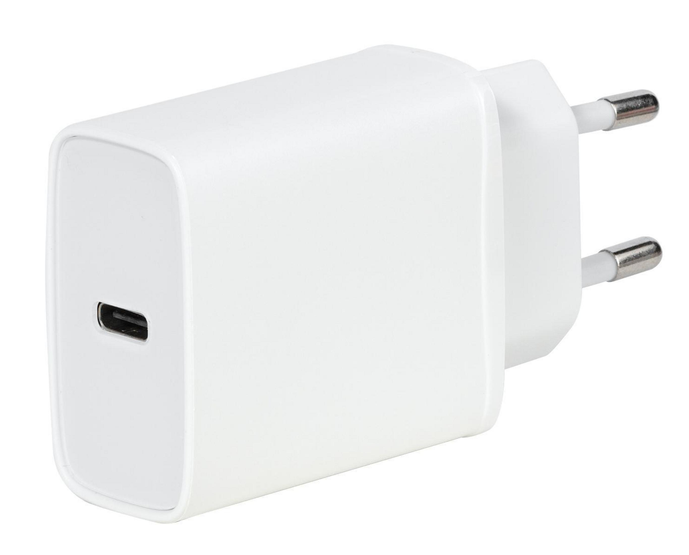 Weißes USB-C-Ladegerät mit Steckerstiften. Es hat einen USB-C-Anschluss. Der Hintergrund ist weiß.