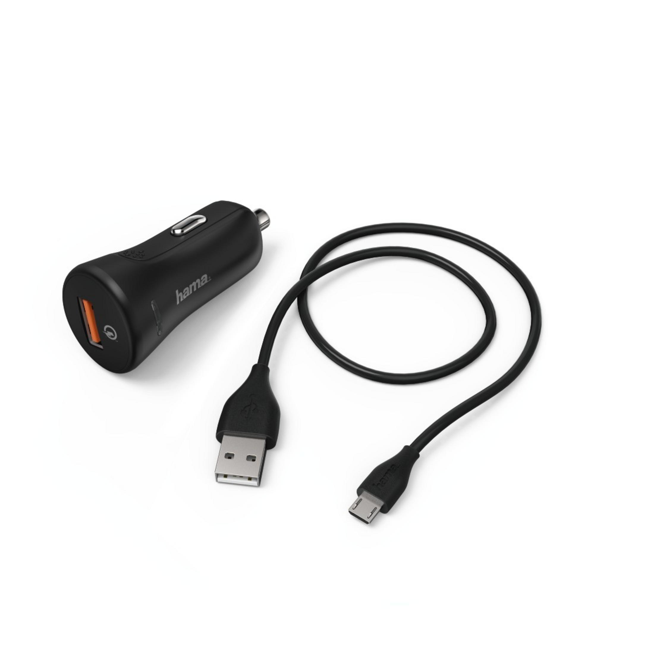 Ein schwarzes Autoladegerät mit einem USB-Anschluss und einem Kabel mit einem Micro-USB-Anschluss.
