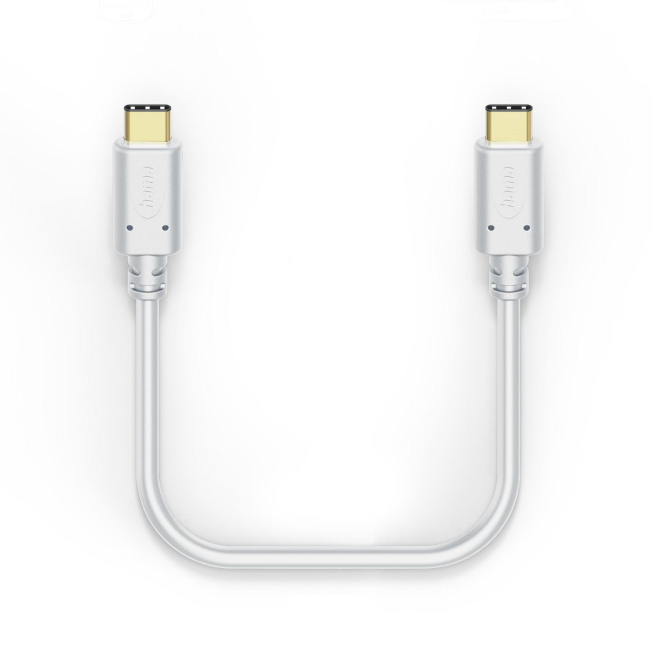 Un cavo USB-C bianco con connettori dorati. È piegato a forma di U su sfondo bianco.